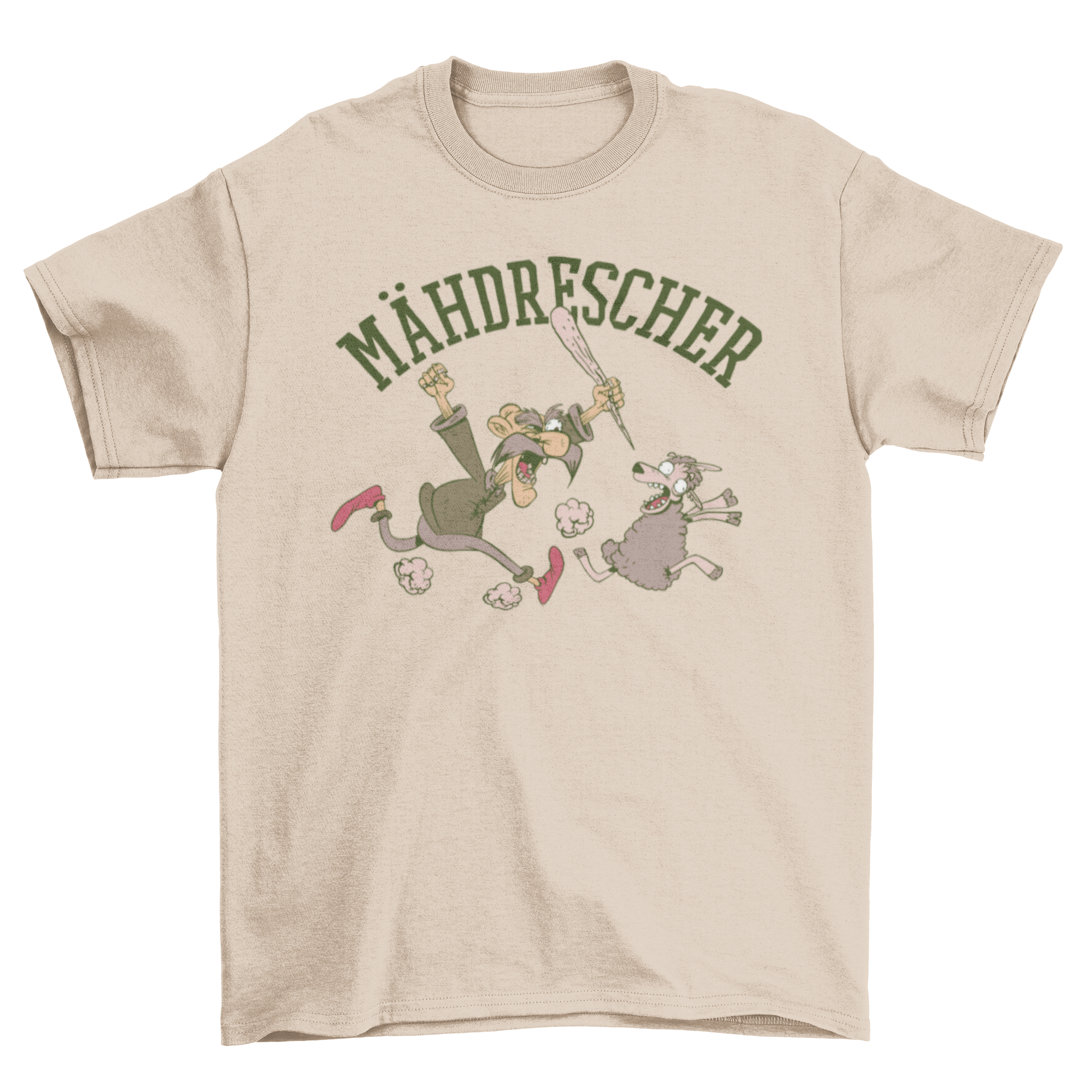 A humorous t-shirt featuring a farmer chasing a sheep with a bat, showcasing the word 'Mähdrescher' in a playful design.