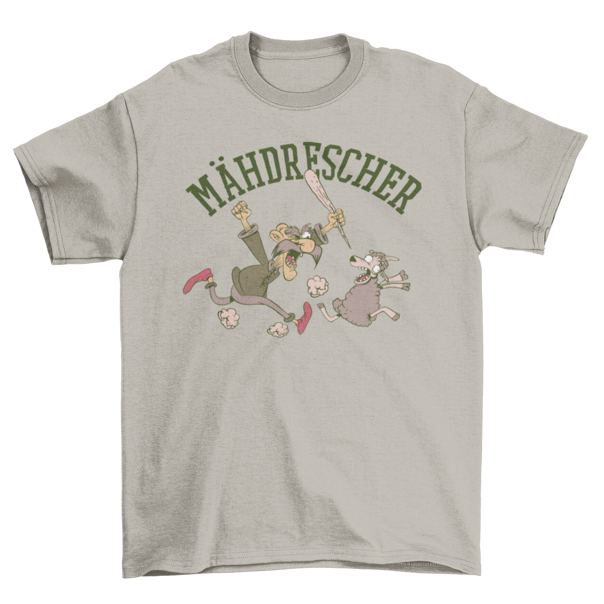 A humorous t-shirt featuring a farmer chasing a sheep with a bat, showcasing the word 'Mähdrescher' in a playful design.