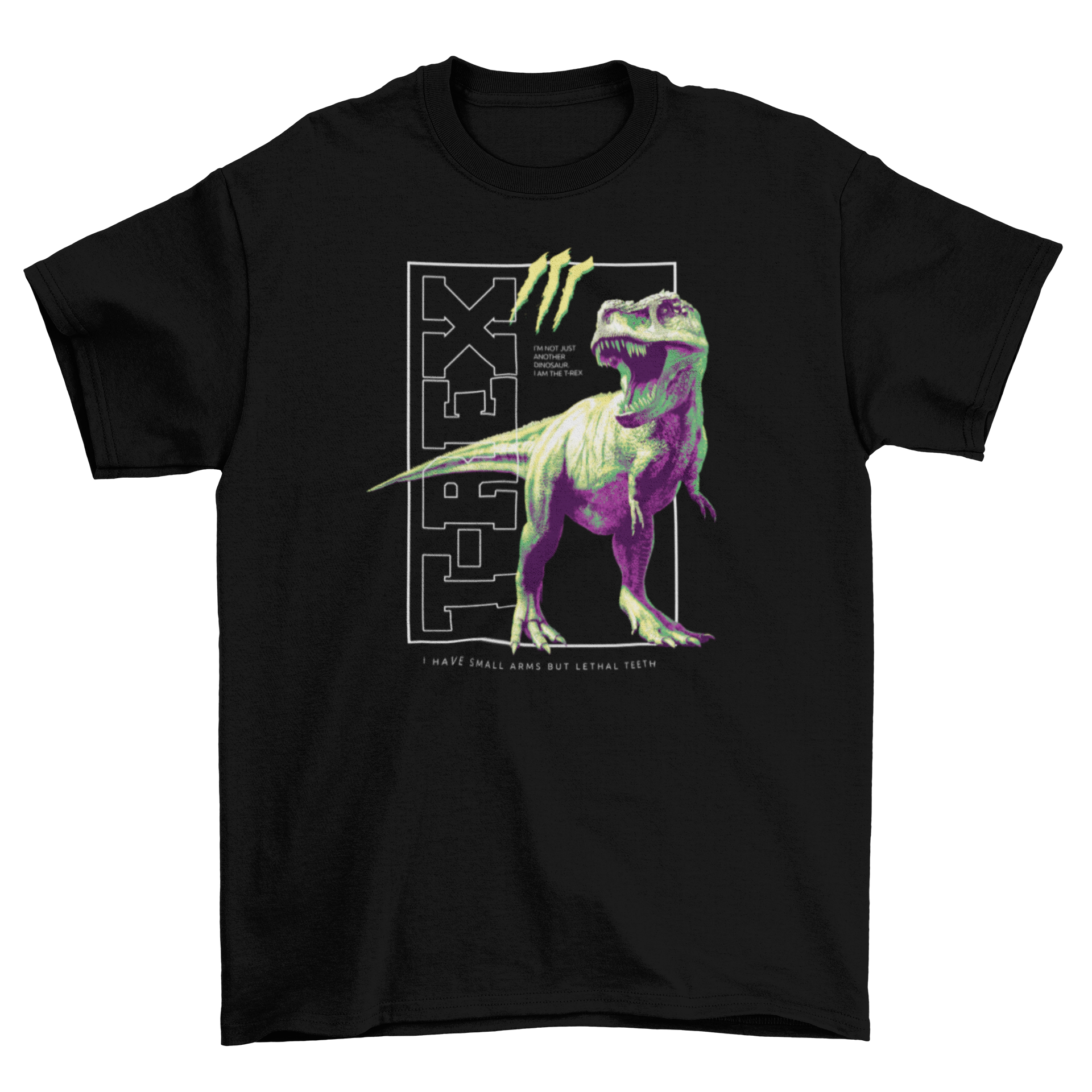 Fashion Big Scary T-rex dinosaur t-shirt featuring a bold T-rex graphic and the quote 'T-rex'.