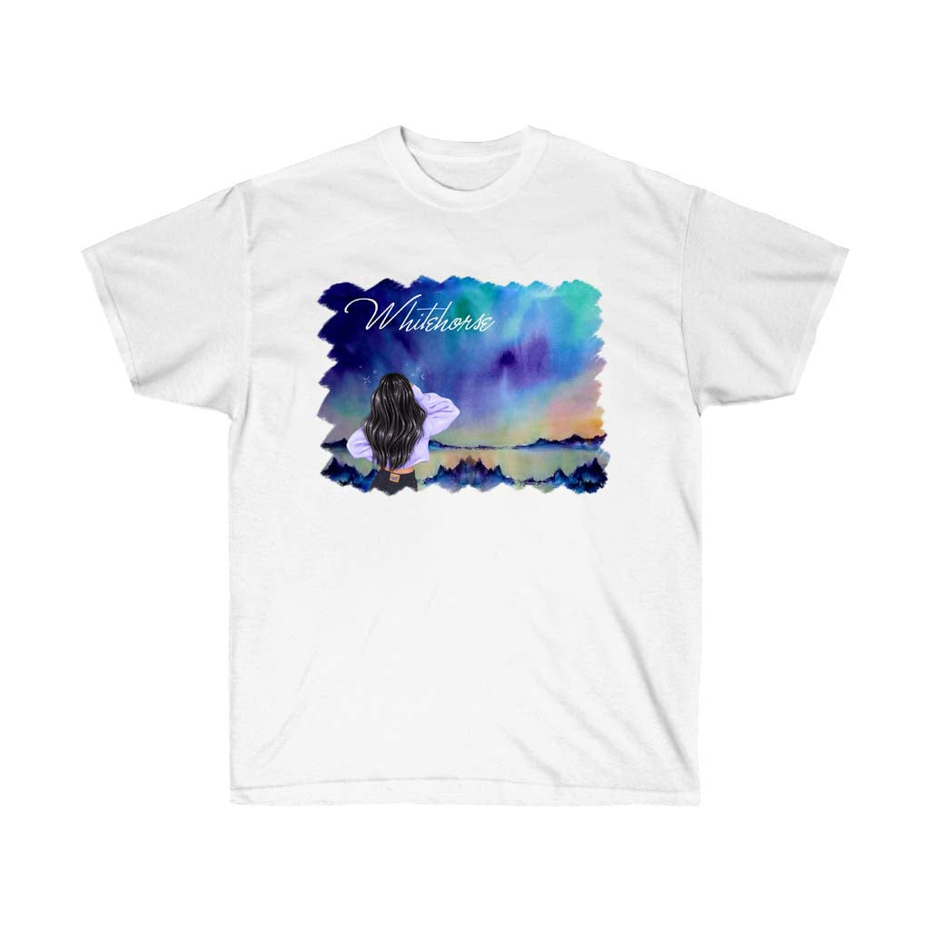 Fashion Girl in Canada Whitehorse Aurora Borealis Souvenir T-Shirt featuring vibrant Northern Lights design on soft cotton fabric.