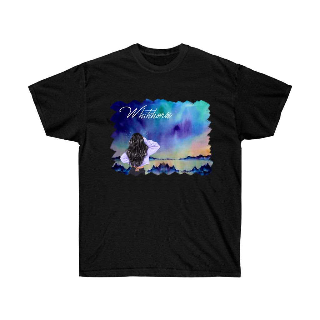 Fashion Girl in Canada Whitehorse Aurora Borealis Souvenir T-Shirt featuring vibrant Northern Lights design on soft cotton fabric.