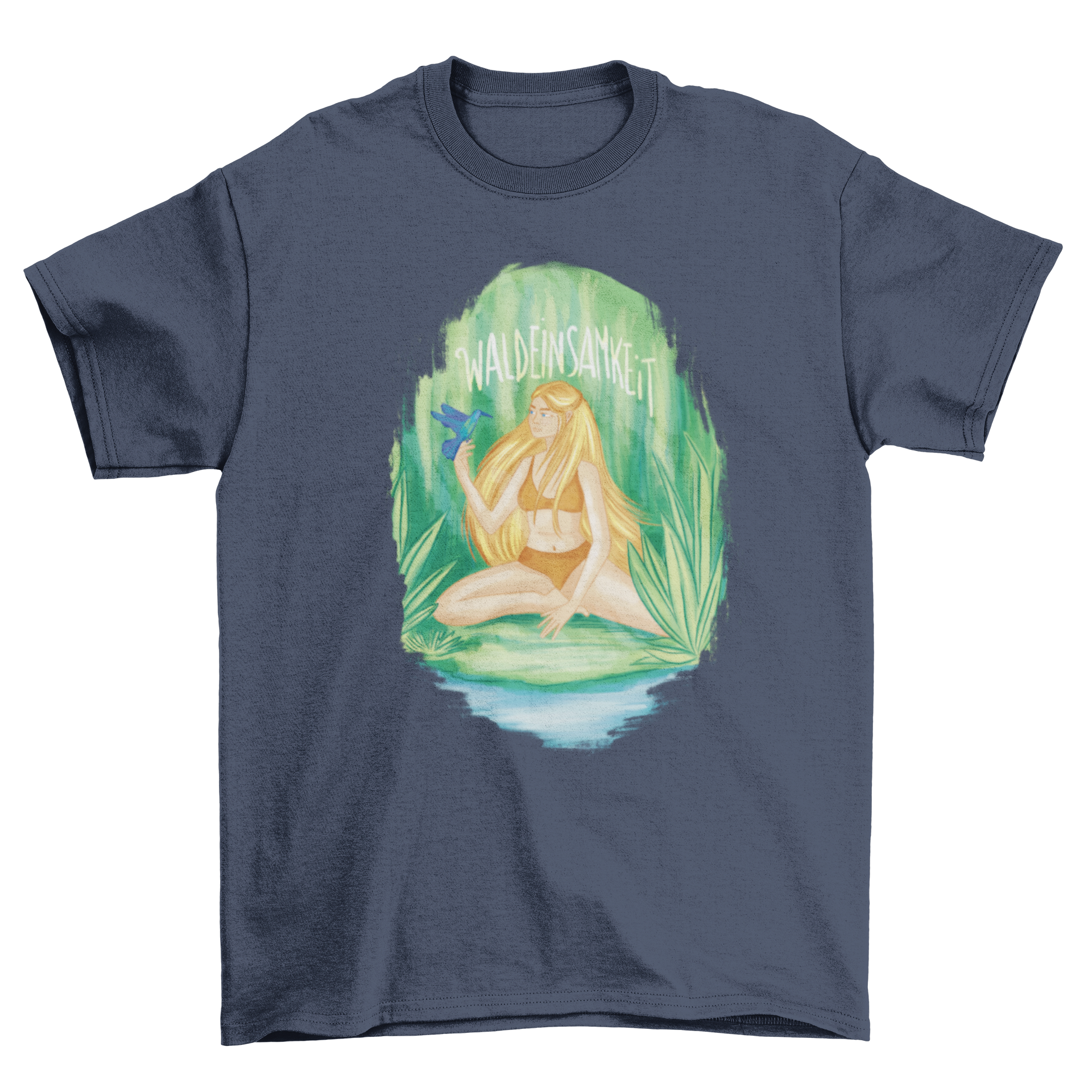 Stylish t-shirt featuring a blonde girl with a bird in a forest, showcasing a German quote about solitude.