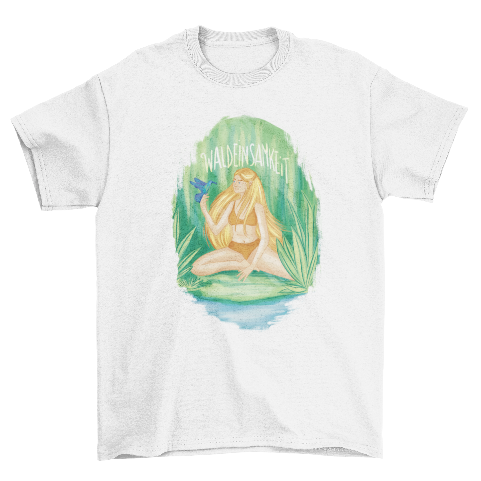 Stylish t-shirt featuring a blonde girl with a bird in a forest, showcasing a German quote about solitude.