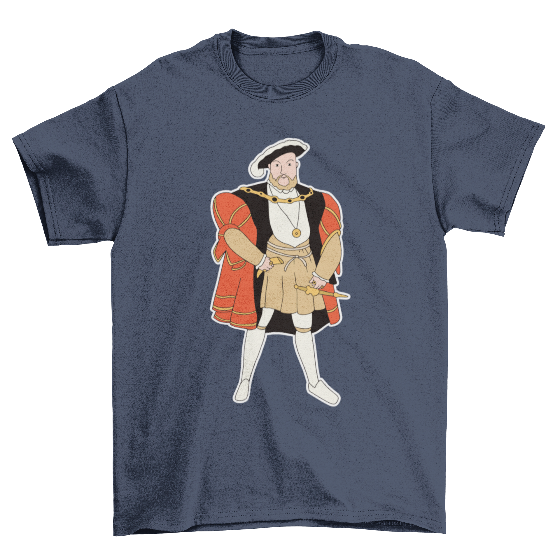 Cartoon illustration of King Henry VIII on a stylish T-shirt, showcasing vibrant colors and unique design.