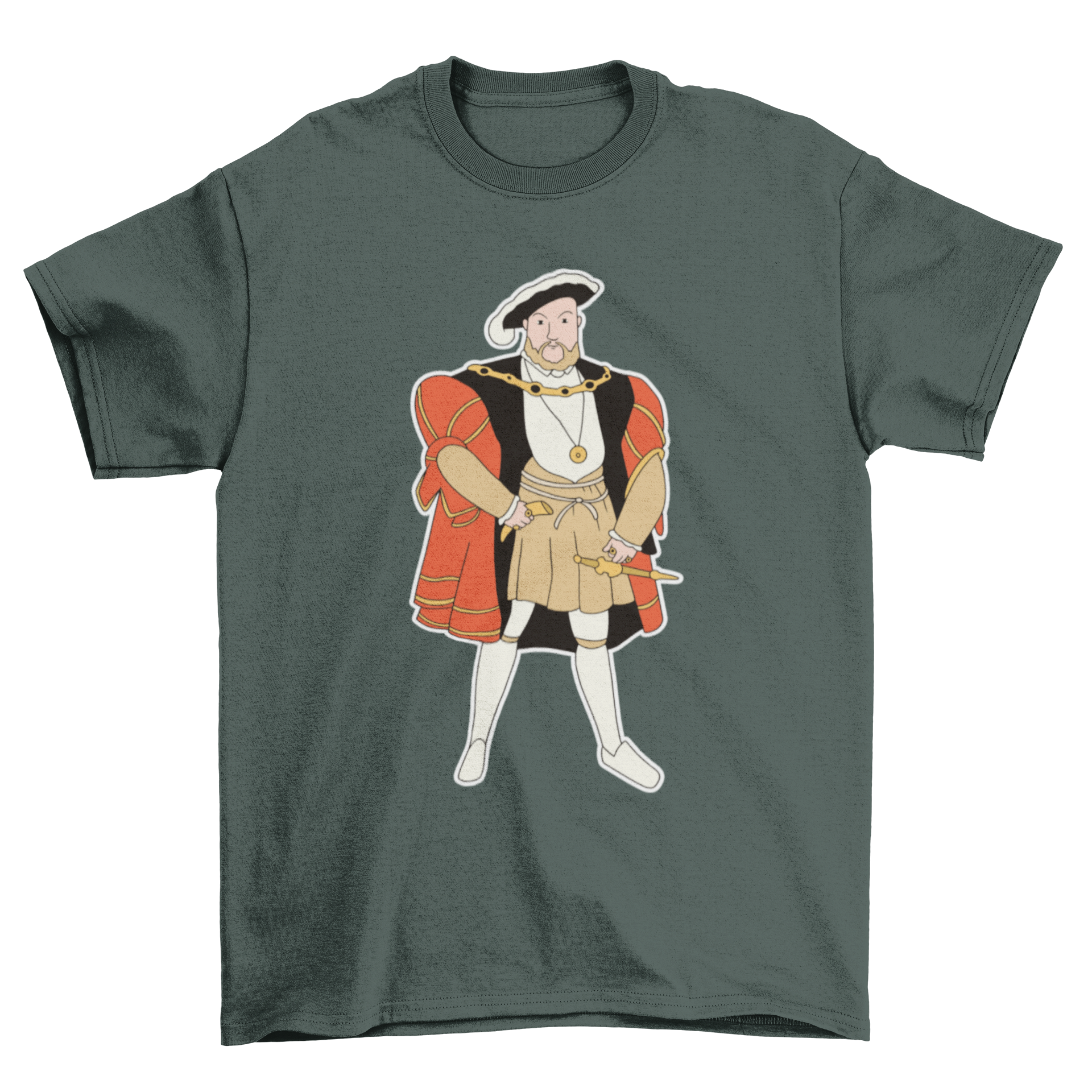 Cartoon illustration of King Henry VIII on a stylish T-shirt, showcasing vibrant colors and unique design.