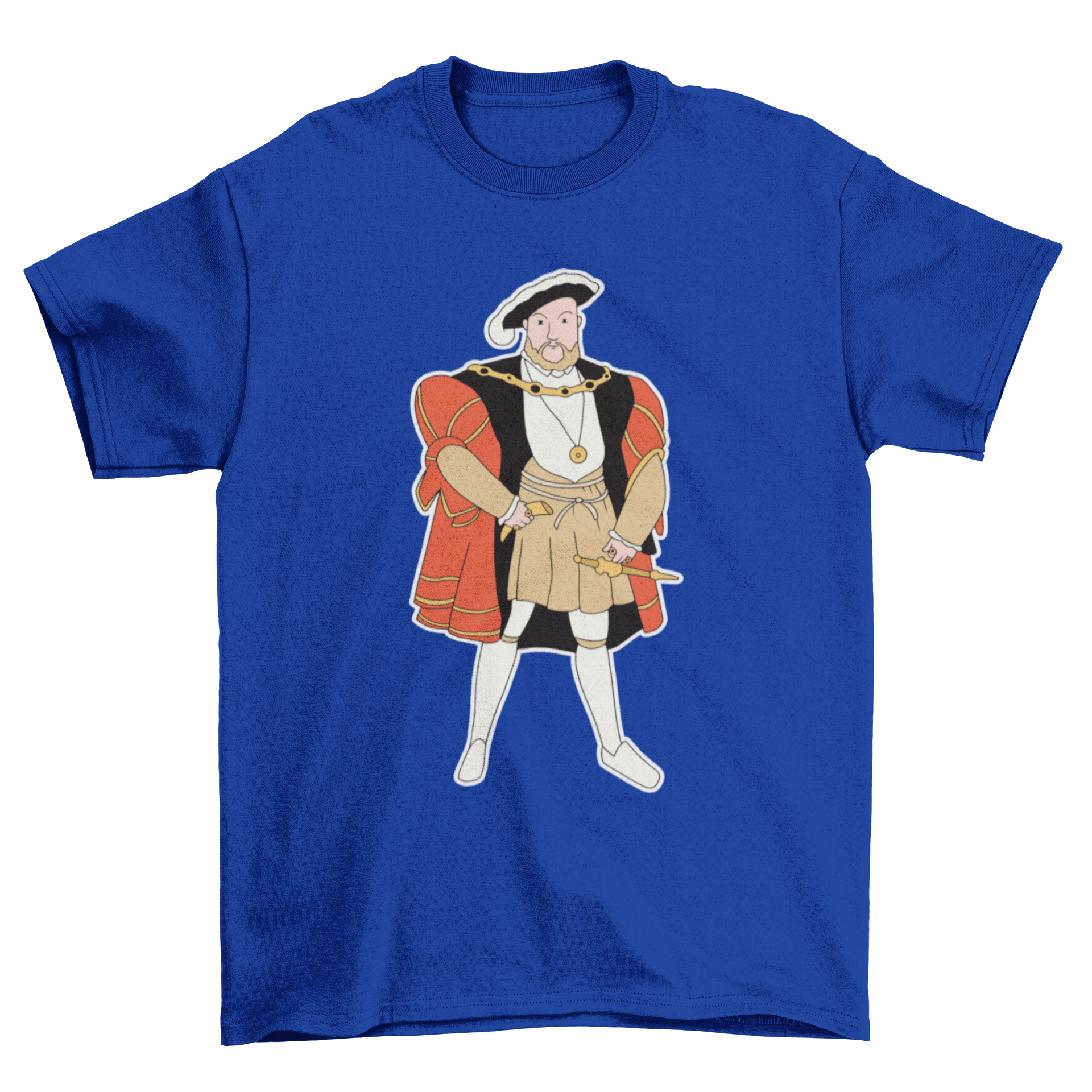 Cartoon illustration of King Henry VIII on a stylish T-shirt, showcasing vibrant colors and unique design.