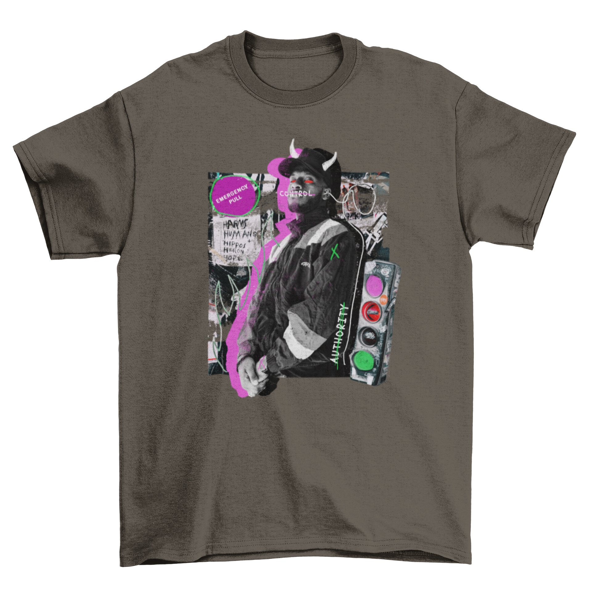 Fashion Urban Demon Horns T-shirt featuring a man with devil horns and city objects like traffic lights and signs.