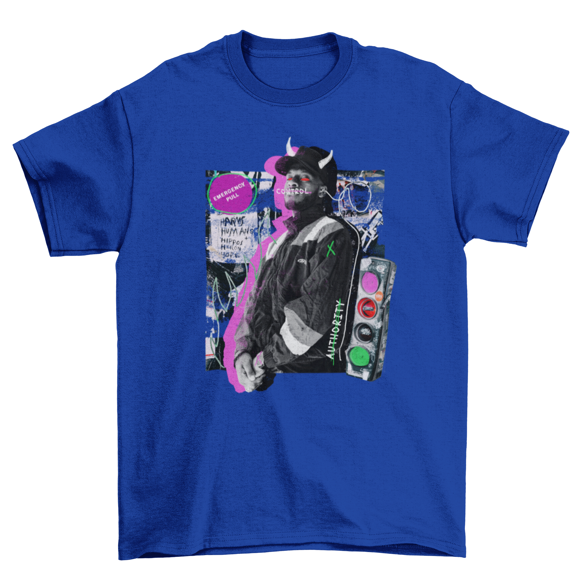 Fashion Urban Demon Horns T-shirt featuring a man with devil horns and city objects like traffic lights and signs.