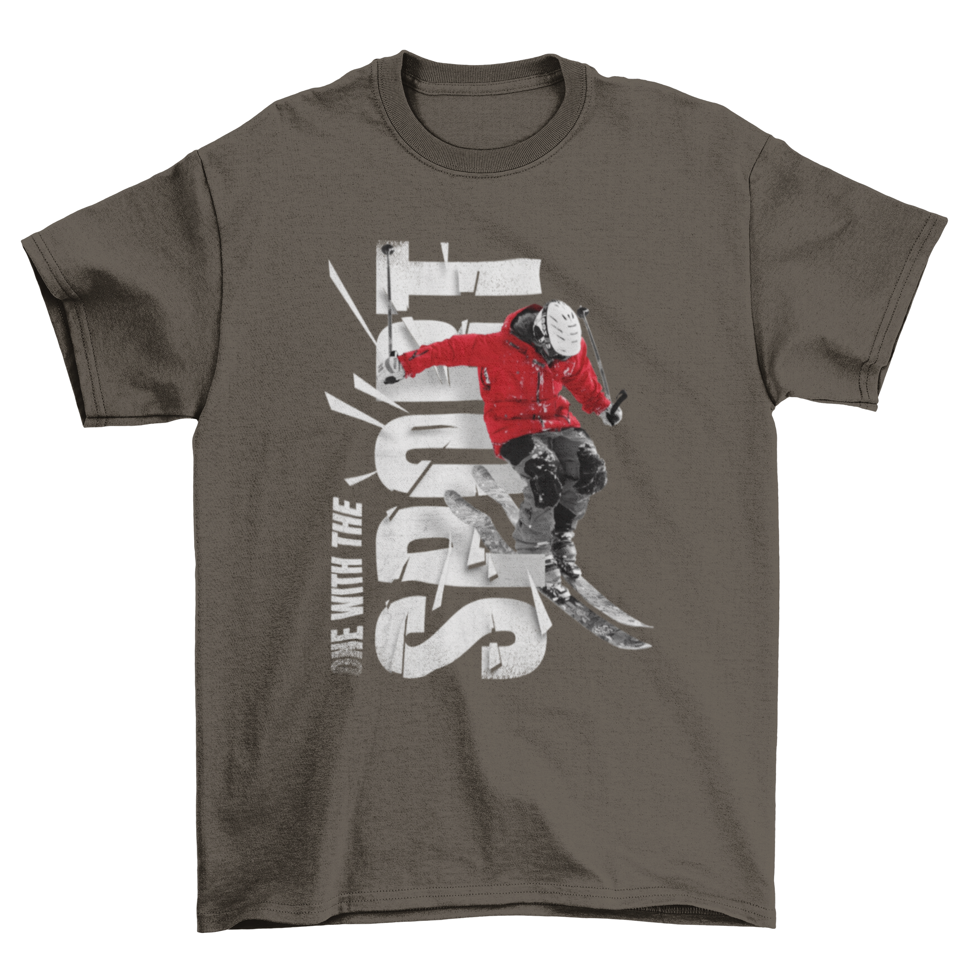 Fashion Winter Snow Sport Skiing t-shirt featuring a skiing man and the quote 'One with the sport' in a photographic style.