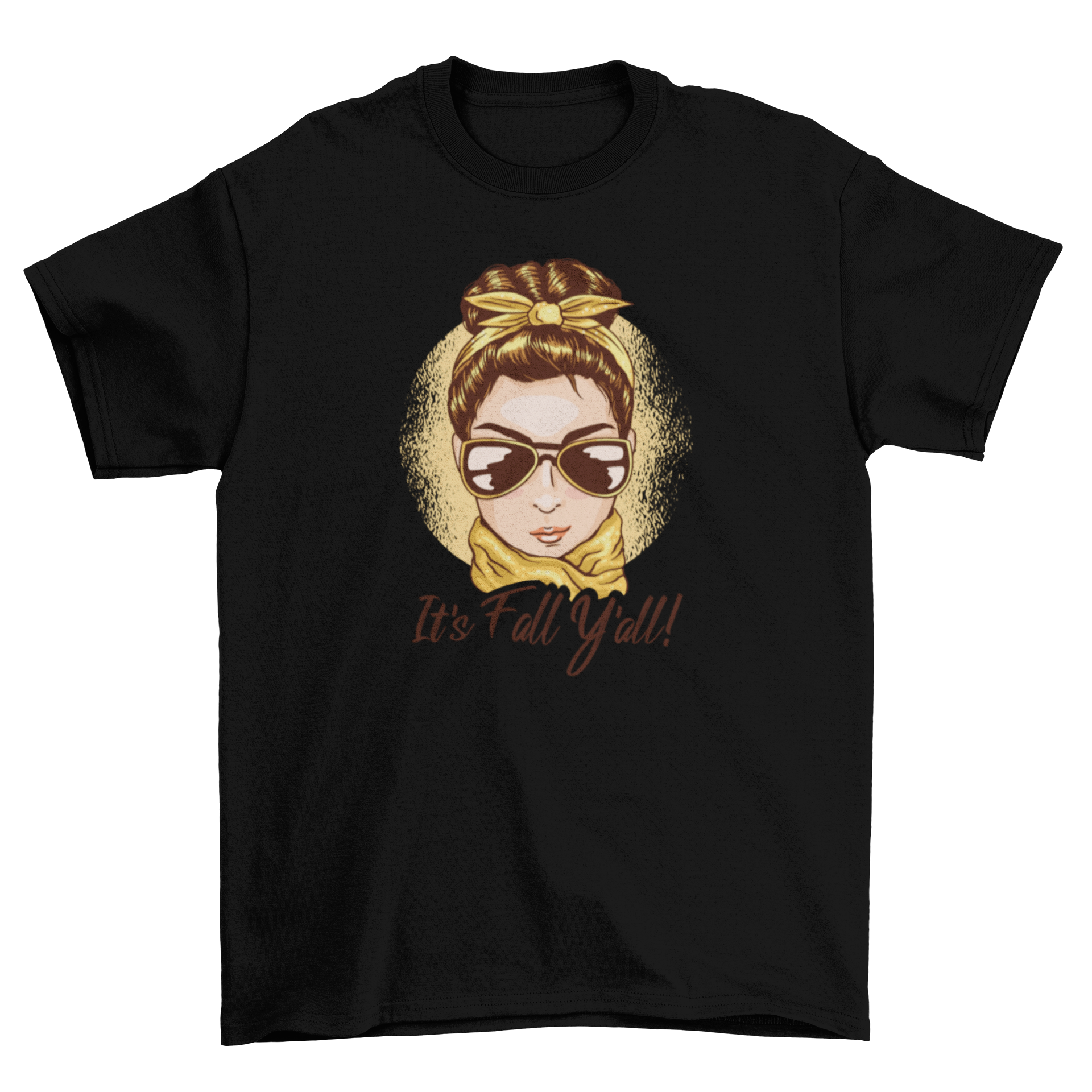 Fashionable fall season t-shirt featuring a woman in sunglasses and scarf with the quote 'It's fall y'all'.