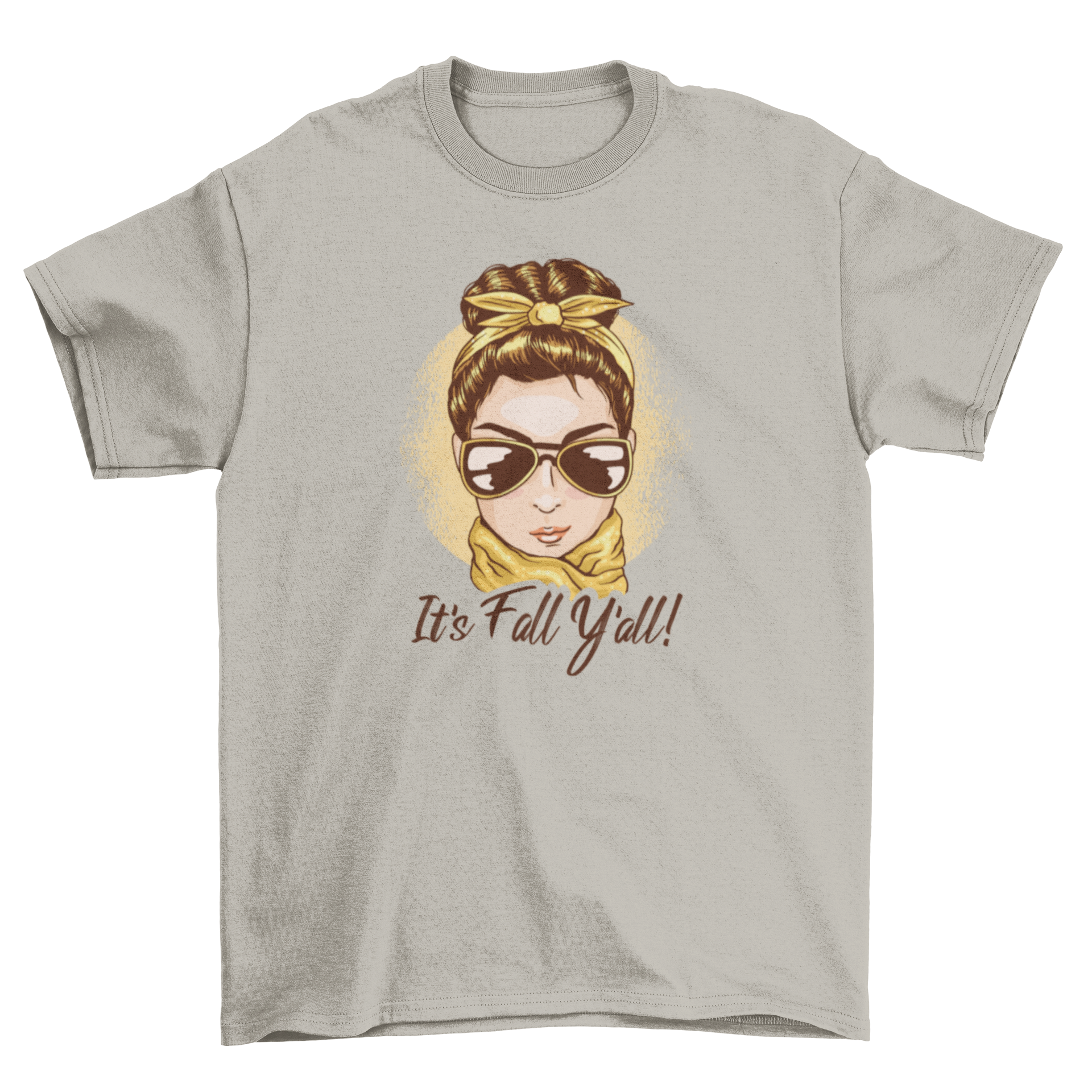 Fashionable fall season t-shirt featuring a woman in sunglasses and scarf with the quote 'It's fall y'all'.