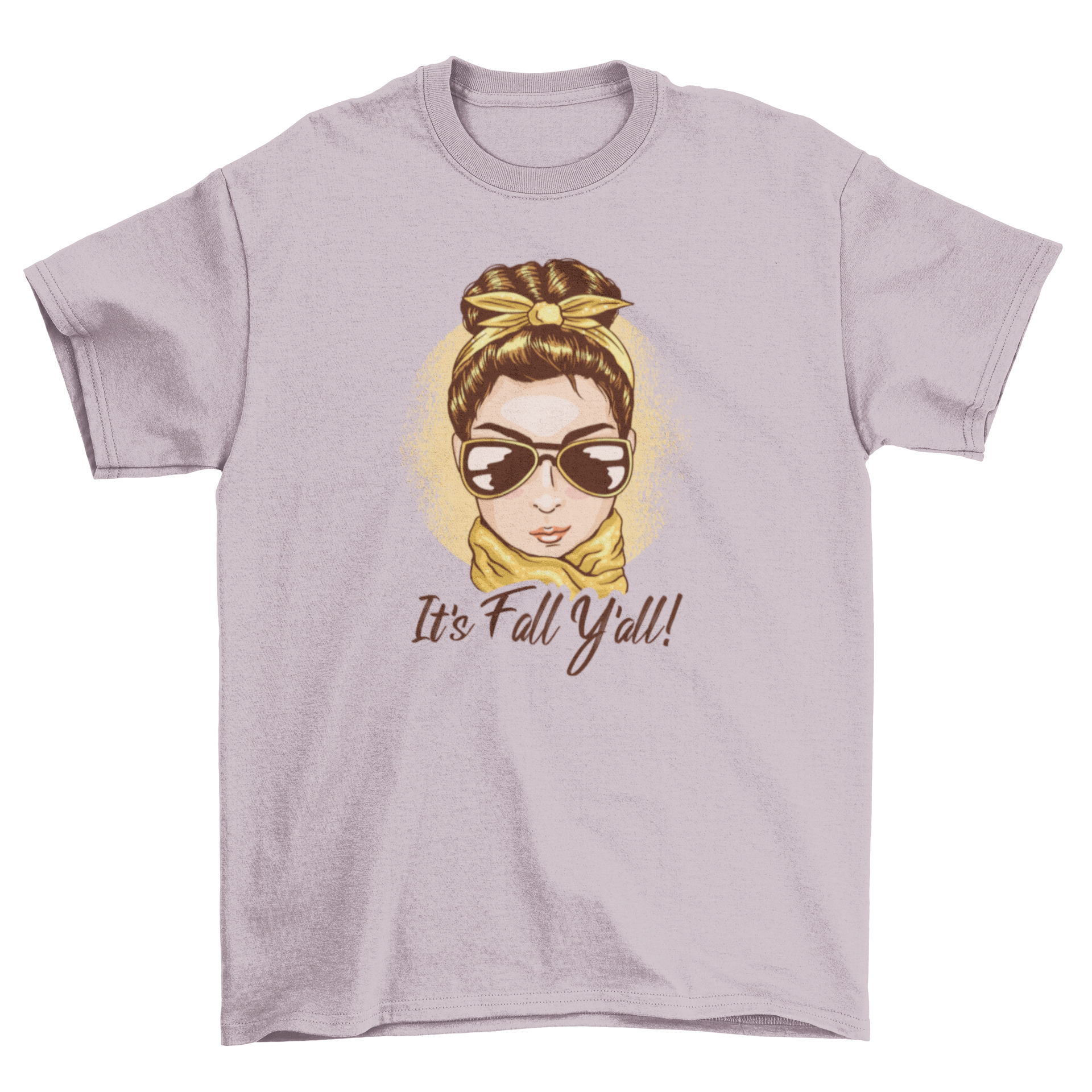 Fashionable fall season t-shirt featuring a woman in sunglasses and scarf with the quote 'It's fall y'all'.