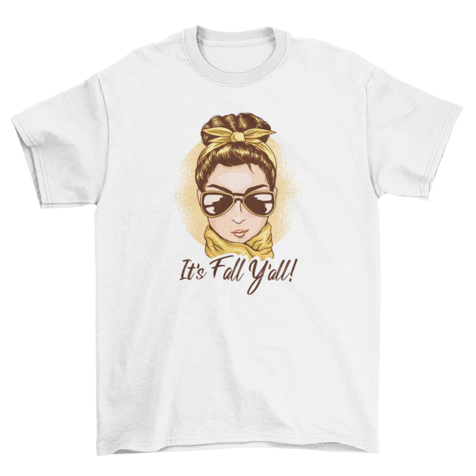 Fashionable fall season t-shirt featuring a woman in sunglasses and scarf with the quote 'It's fall y'all'.