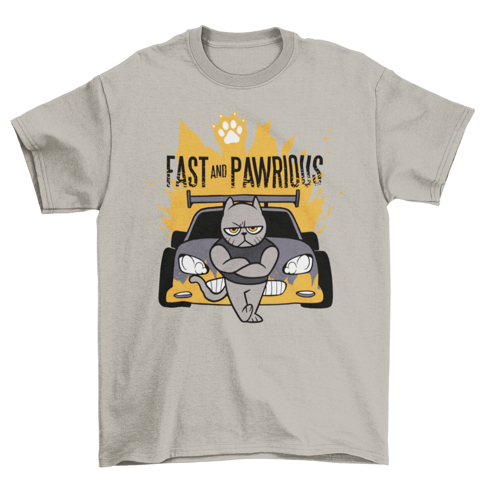 Fast and Pawrious t-shirt featuring a muscular cat leaning on a car, showcasing a playful movie parody design.