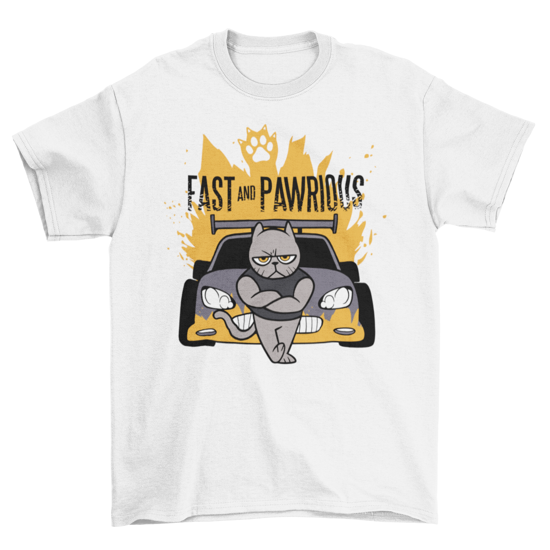 Fast and Pawrious t-shirt featuring a muscular cat leaning on a car, showcasing a playful movie parody design.