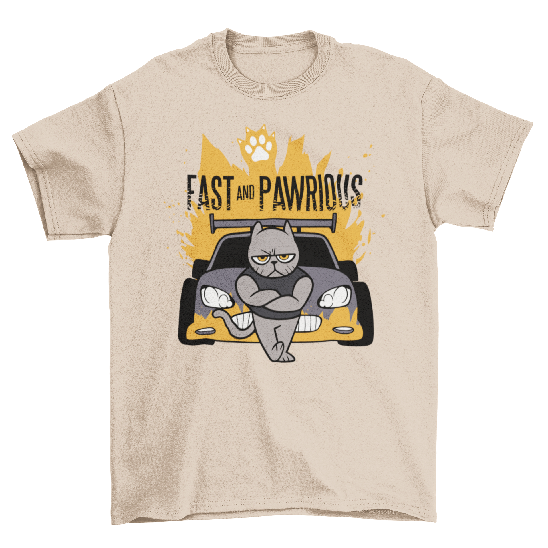 Fast and Pawrious t-shirt featuring a muscular cat leaning on a car, showcasing a playful movie parody design.