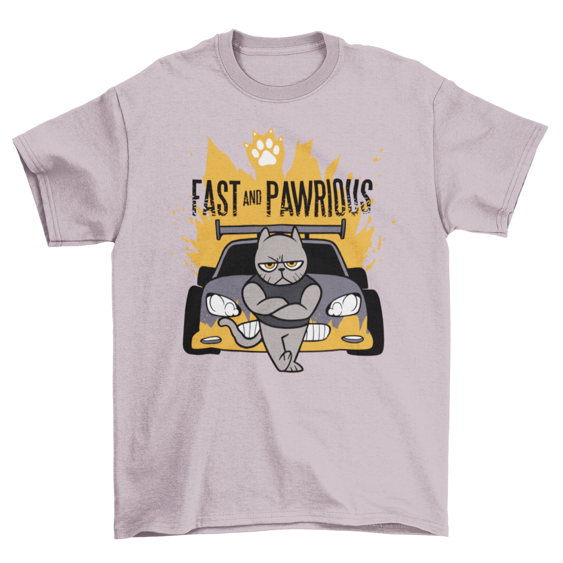 Fast and Pawrious t-shirt featuring a muscular cat leaning on a car, showcasing a playful movie parody design.