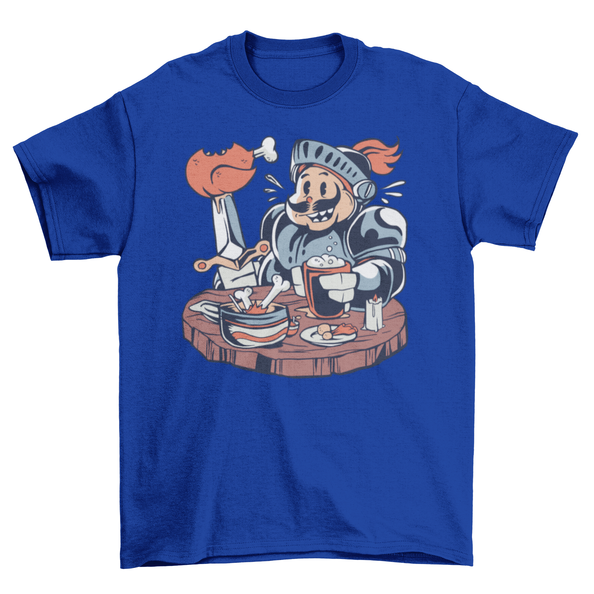 A humorous Fat Knight T-Shirt featuring a cartoon knight happily eating chicken, showcasing a fun and playful design.