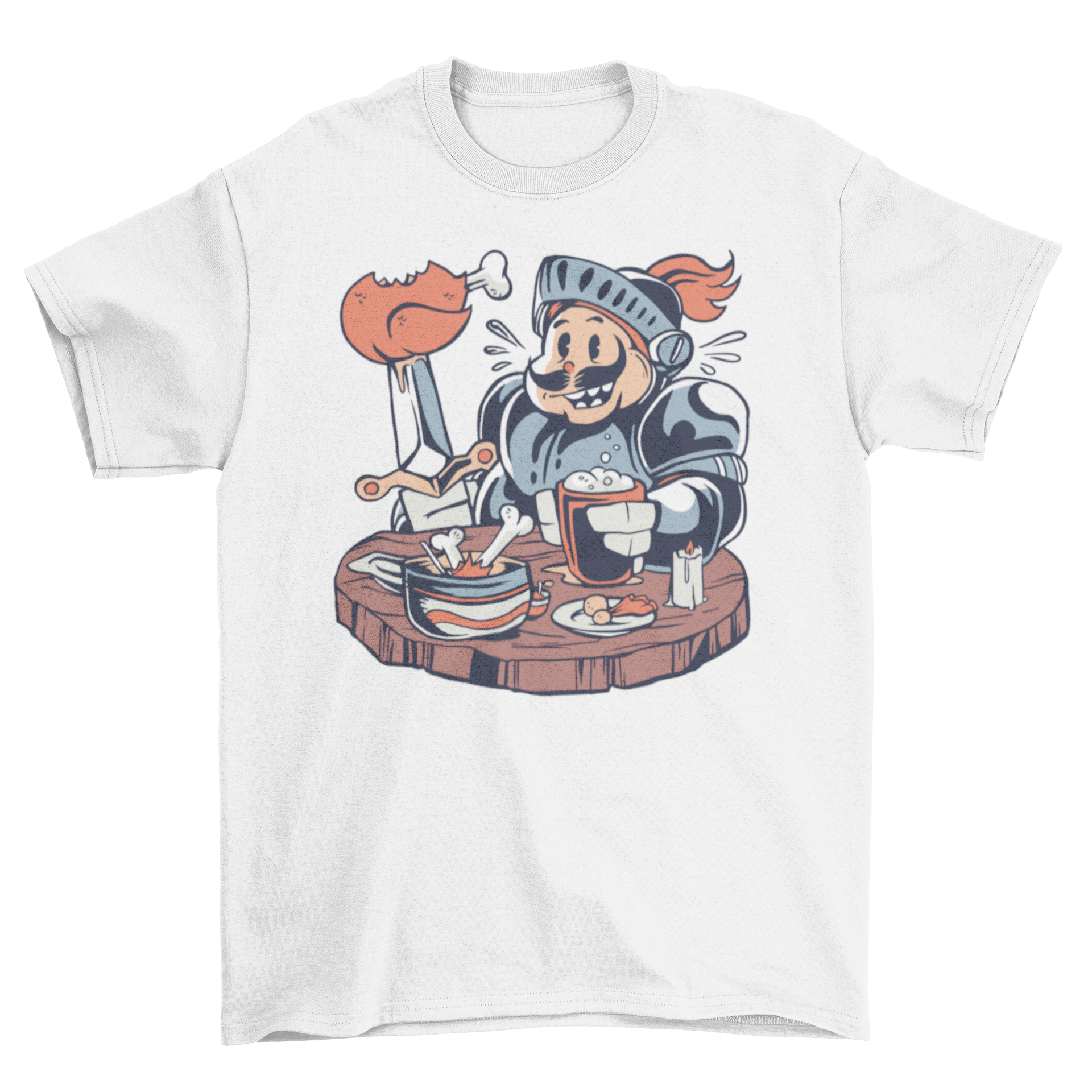 A humorous Fat Knight T-Shirt featuring a cartoon knight happily eating chicken, showcasing a fun and playful design.