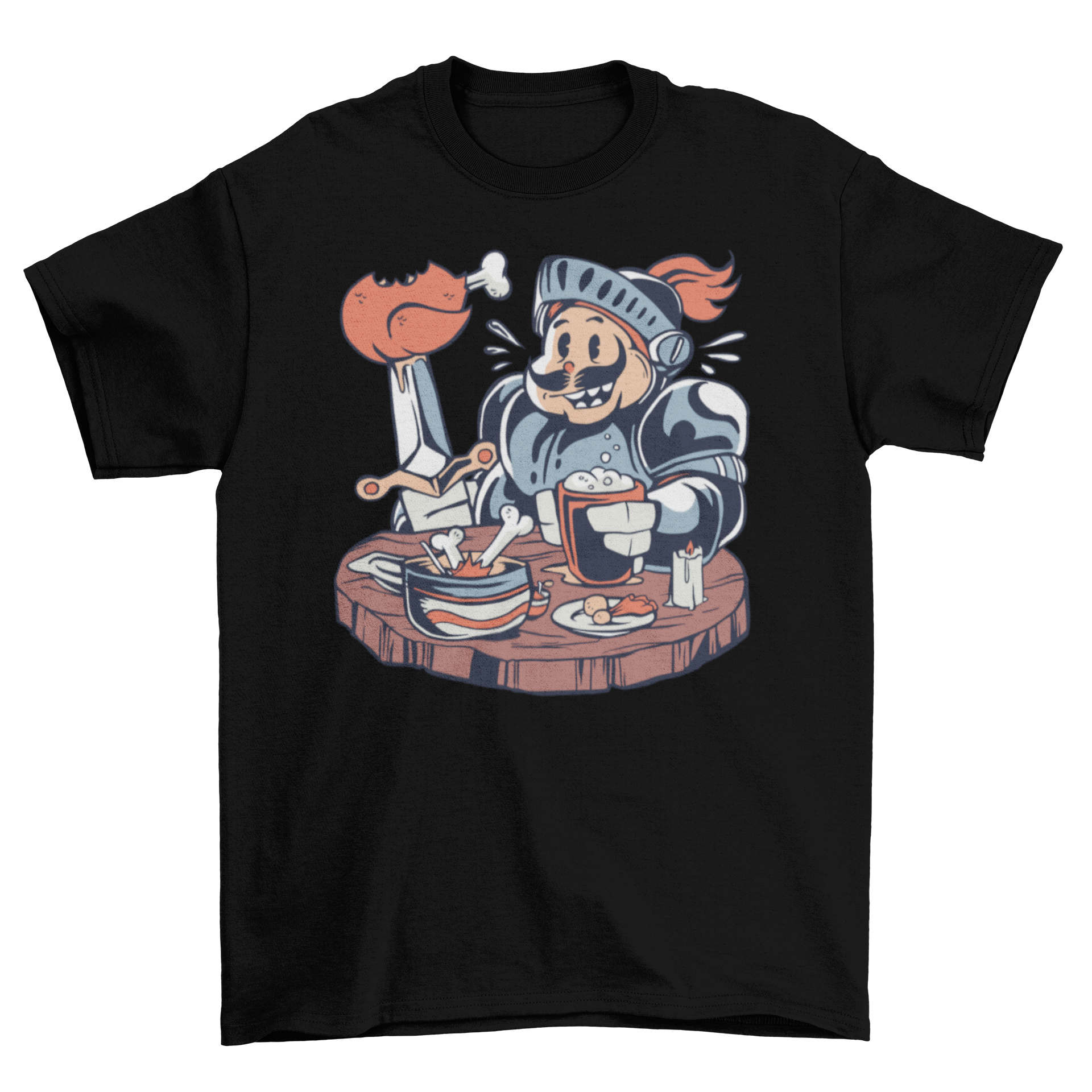 A humorous Fat Knight T-Shirt featuring a cartoon knight happily eating chicken, showcasing a fun and playful design.