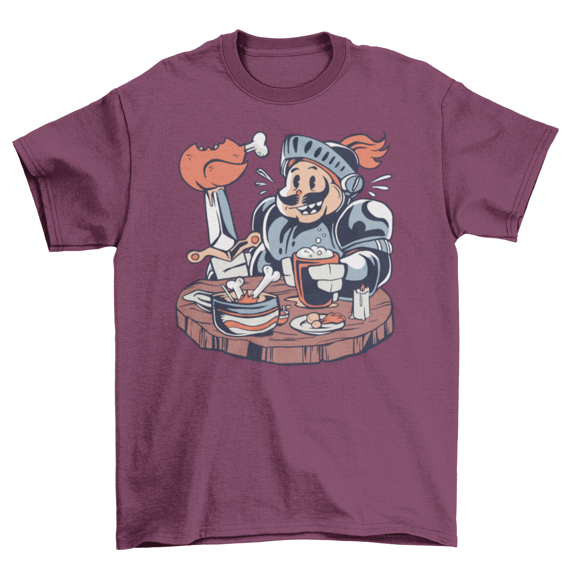 A humorous Fat Knight T-Shirt featuring a cartoon knight happily eating chicken, showcasing a fun and playful design.