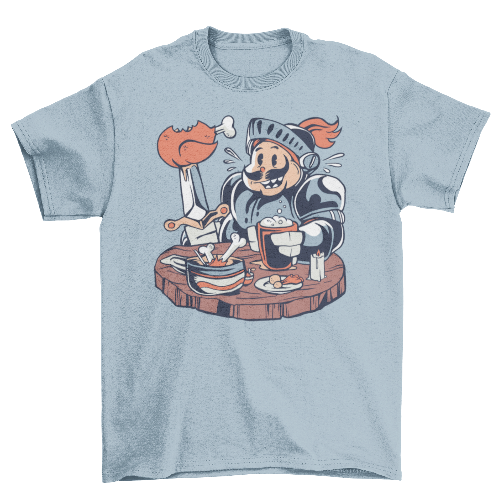 A humorous Fat Knight T-Shirt featuring a cartoon knight happily eating chicken, showcasing a fun and playful design.