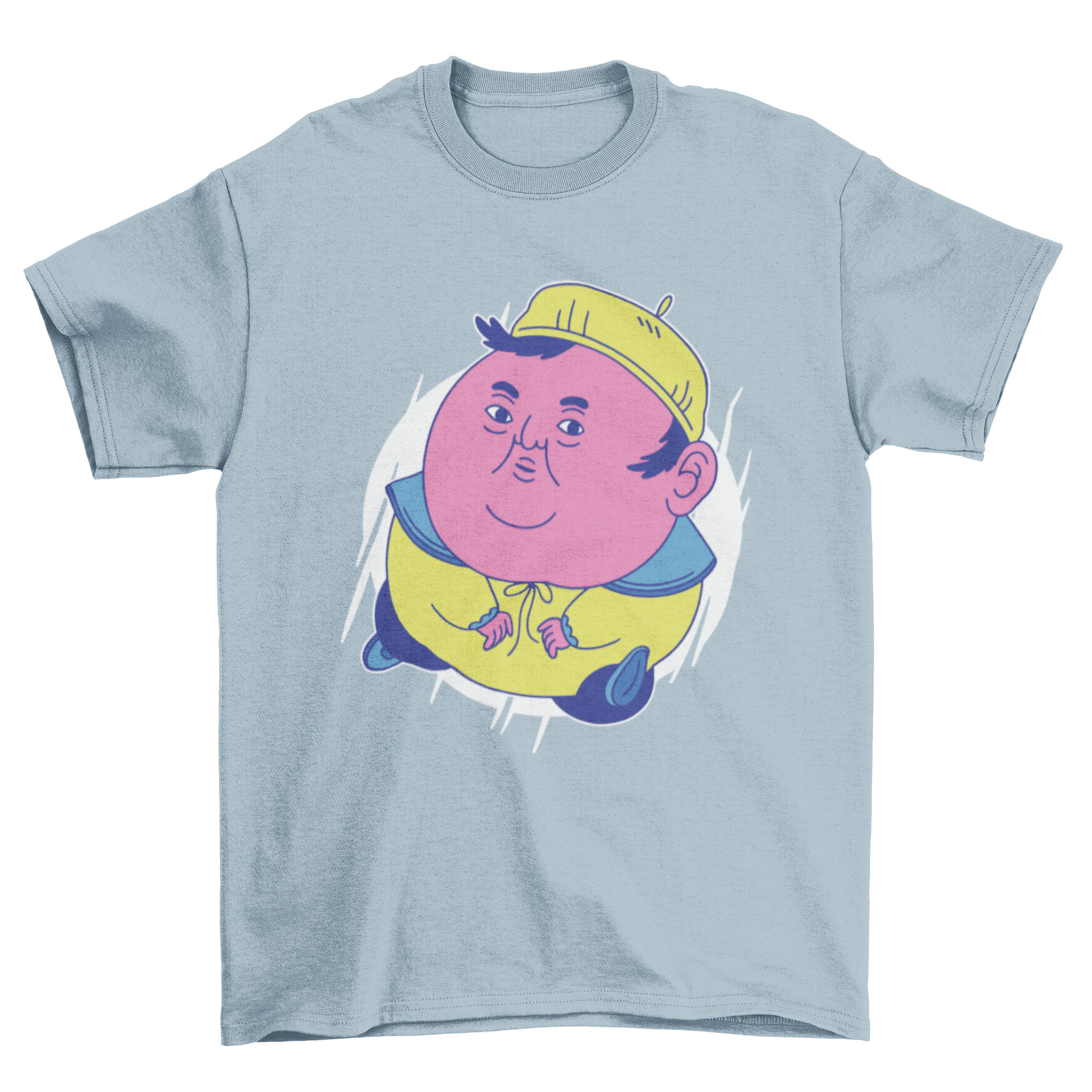 Cartoon character on blue T-shirt.