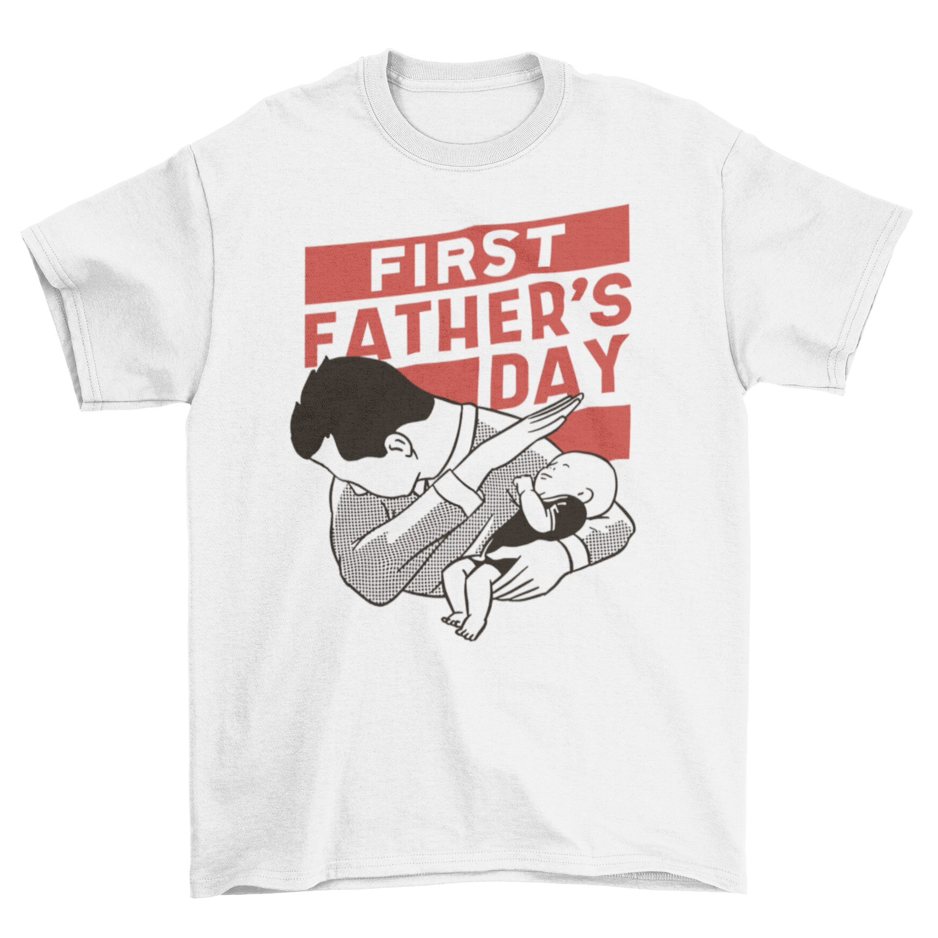 Father and baby dabbing t-shirt featuring a playful design of a dad holding a baby in a dabbing pose.