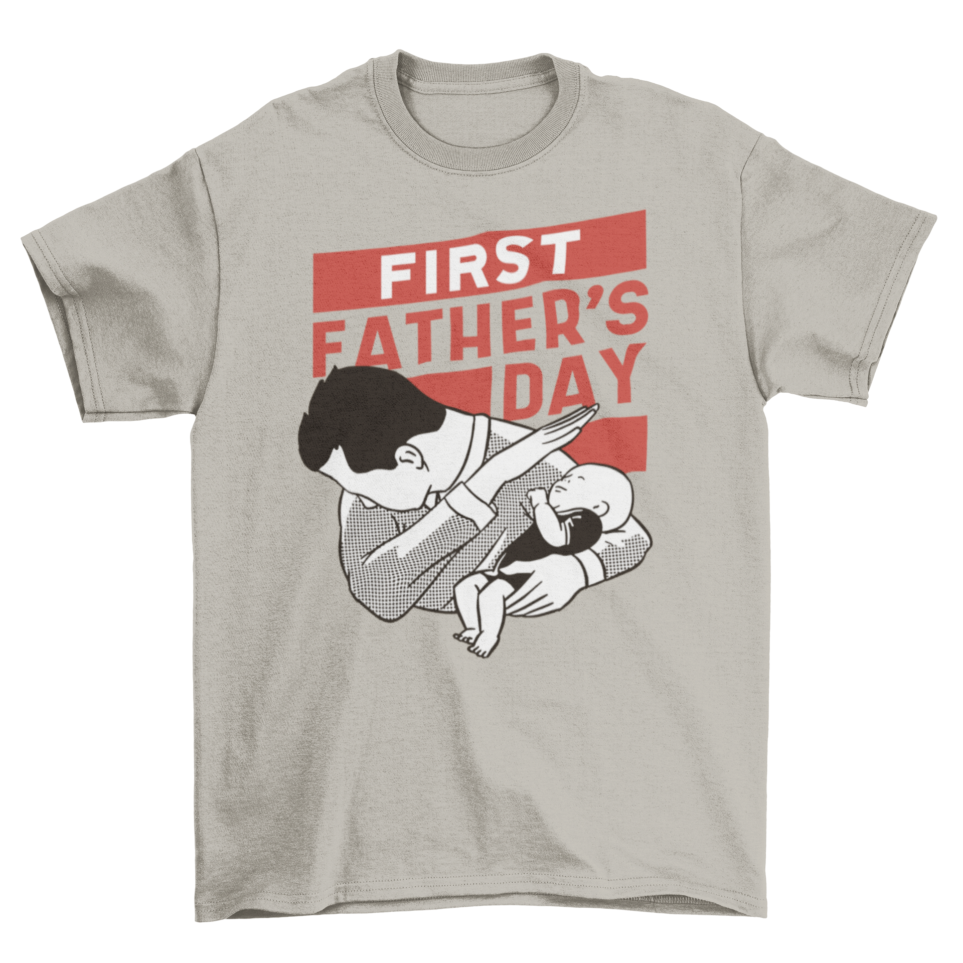 Father and baby dabbing t-shirt featuring a playful design of a dad holding a baby in a dabbing pose.