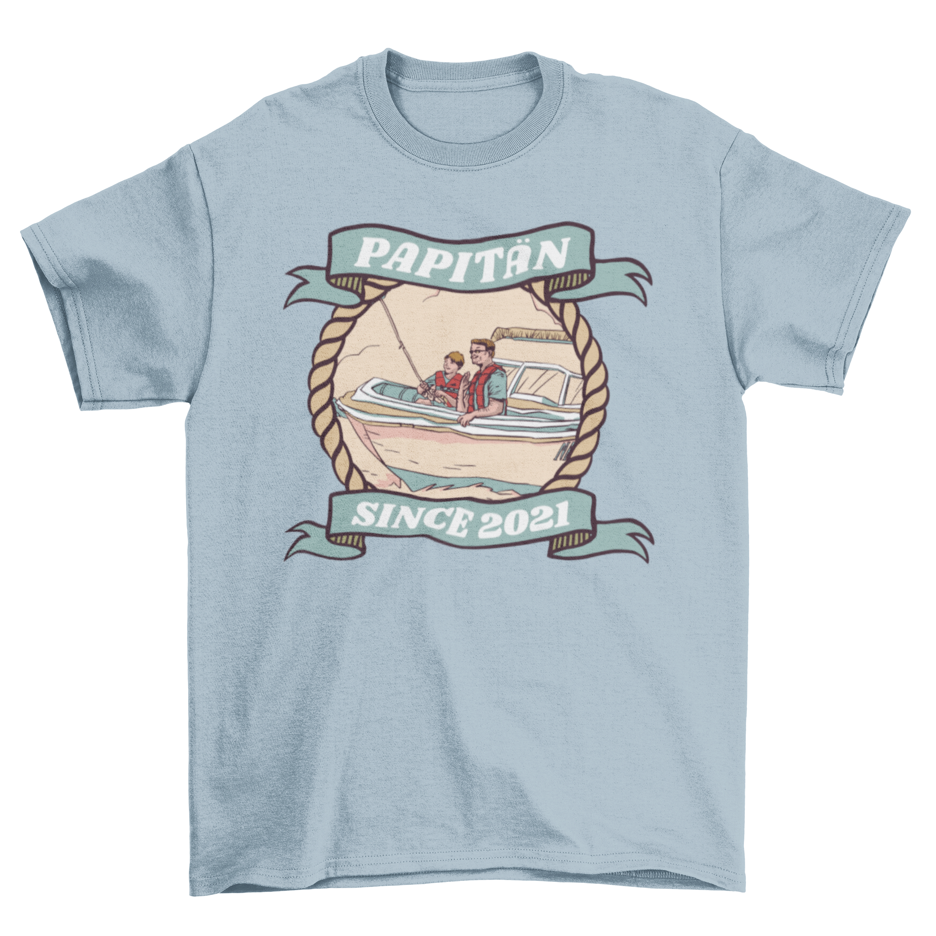 Illustration of a father and son in a boat with the quote 'Papitan since 2021' on a t-shirt design.