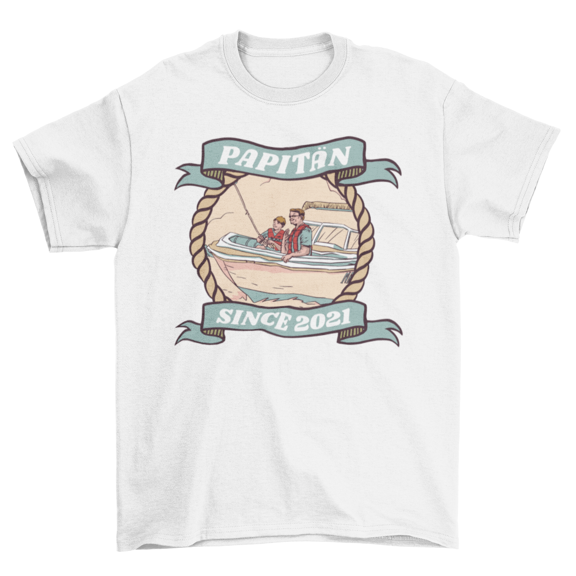 Illustration of a father and son in a boat with the quote 'Papitan since 2021' on a t-shirt design.