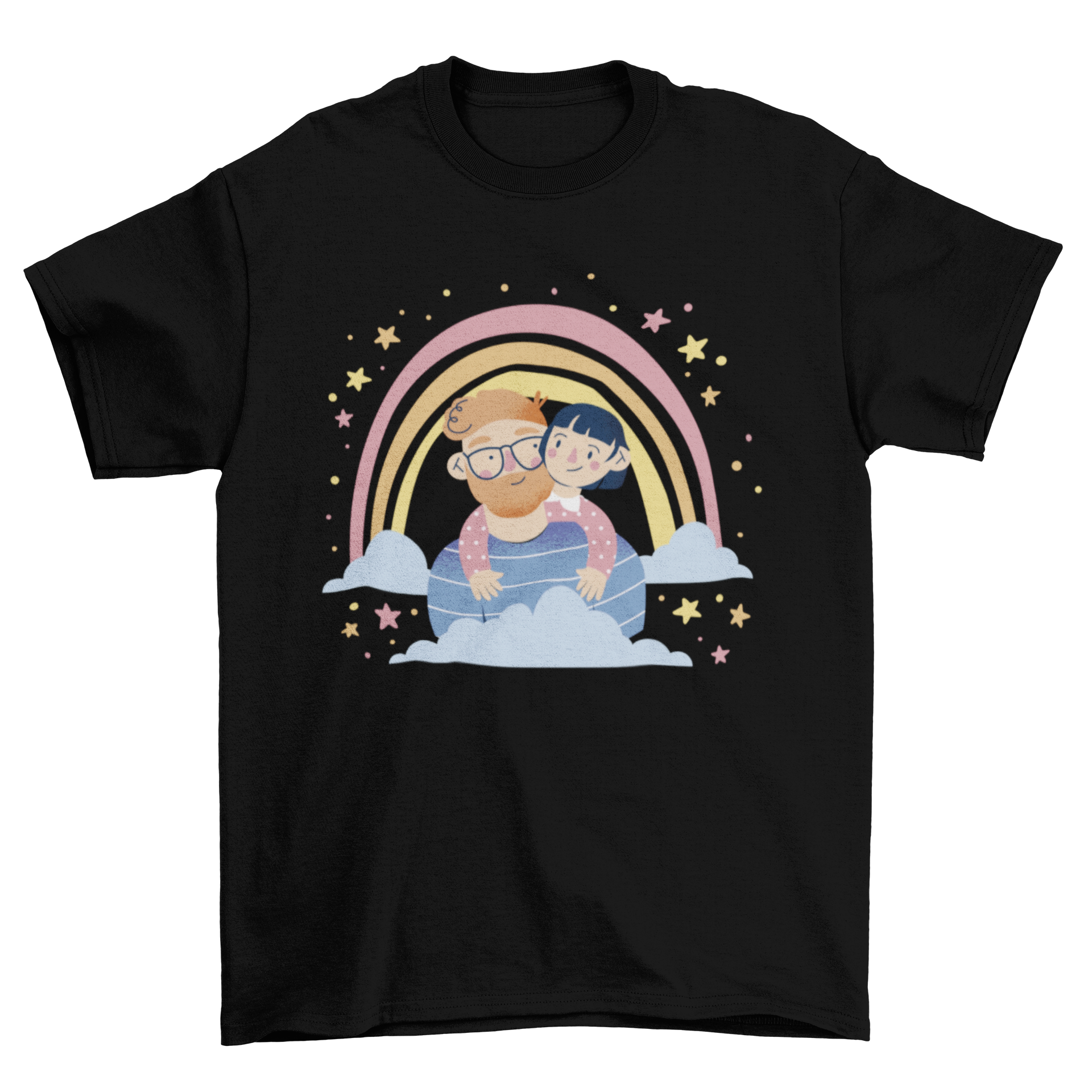 A loving dad t-shirt featuring a girl hugging her father under a colorful rainbow.