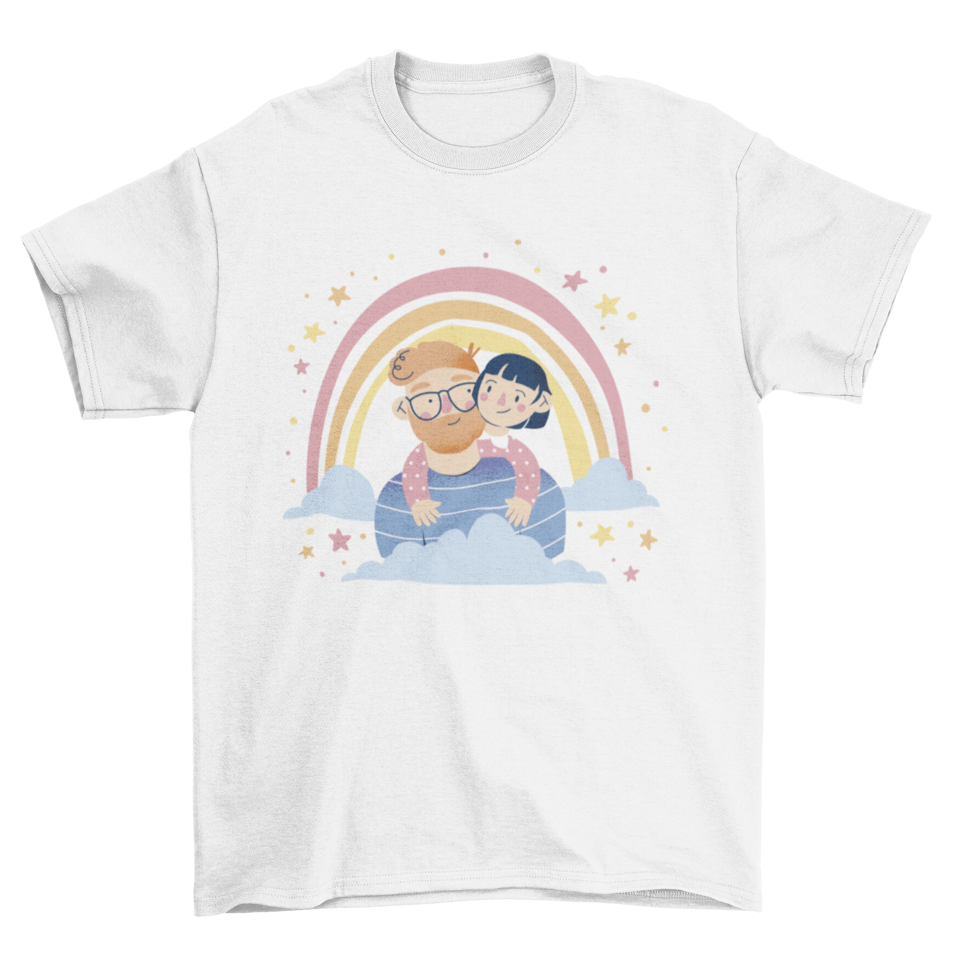 A loving dad t-shirt featuring a girl hugging her father under a colorful rainbow.