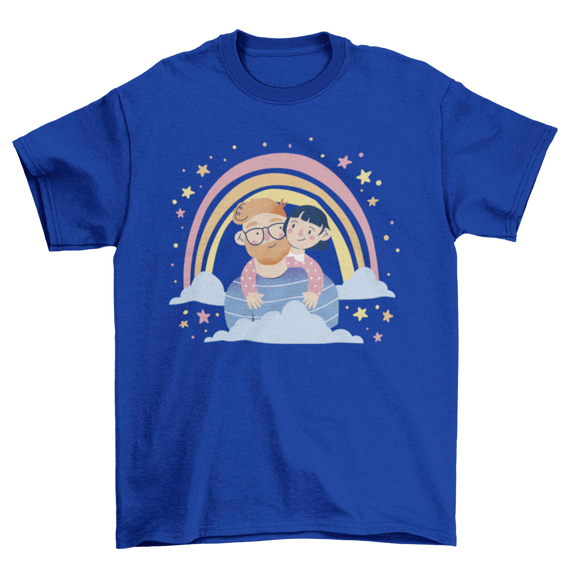 A loving dad t-shirt featuring a girl hugging her father under a colorful rainbow.