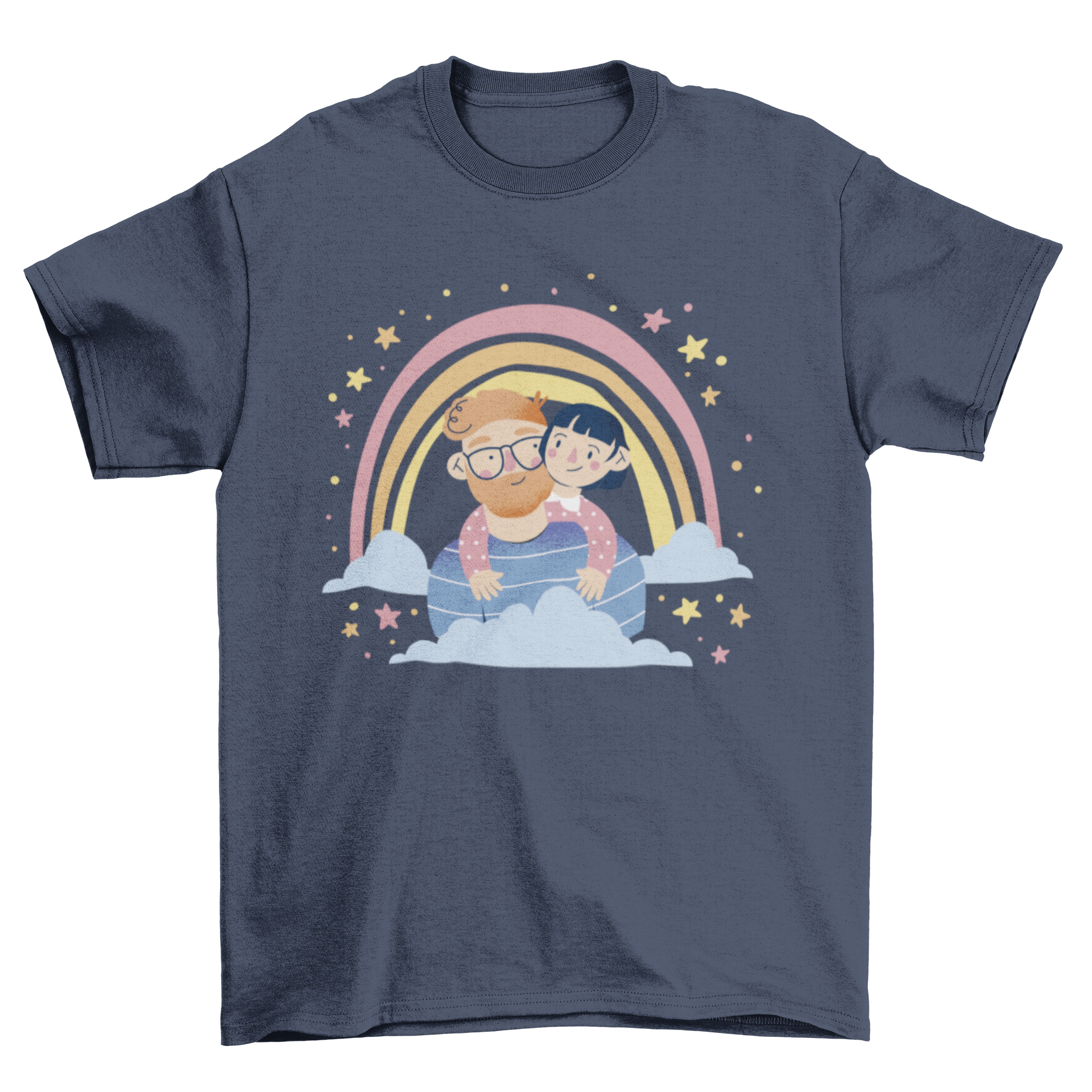 A loving dad t-shirt featuring a girl hugging her father under a colorful rainbow.