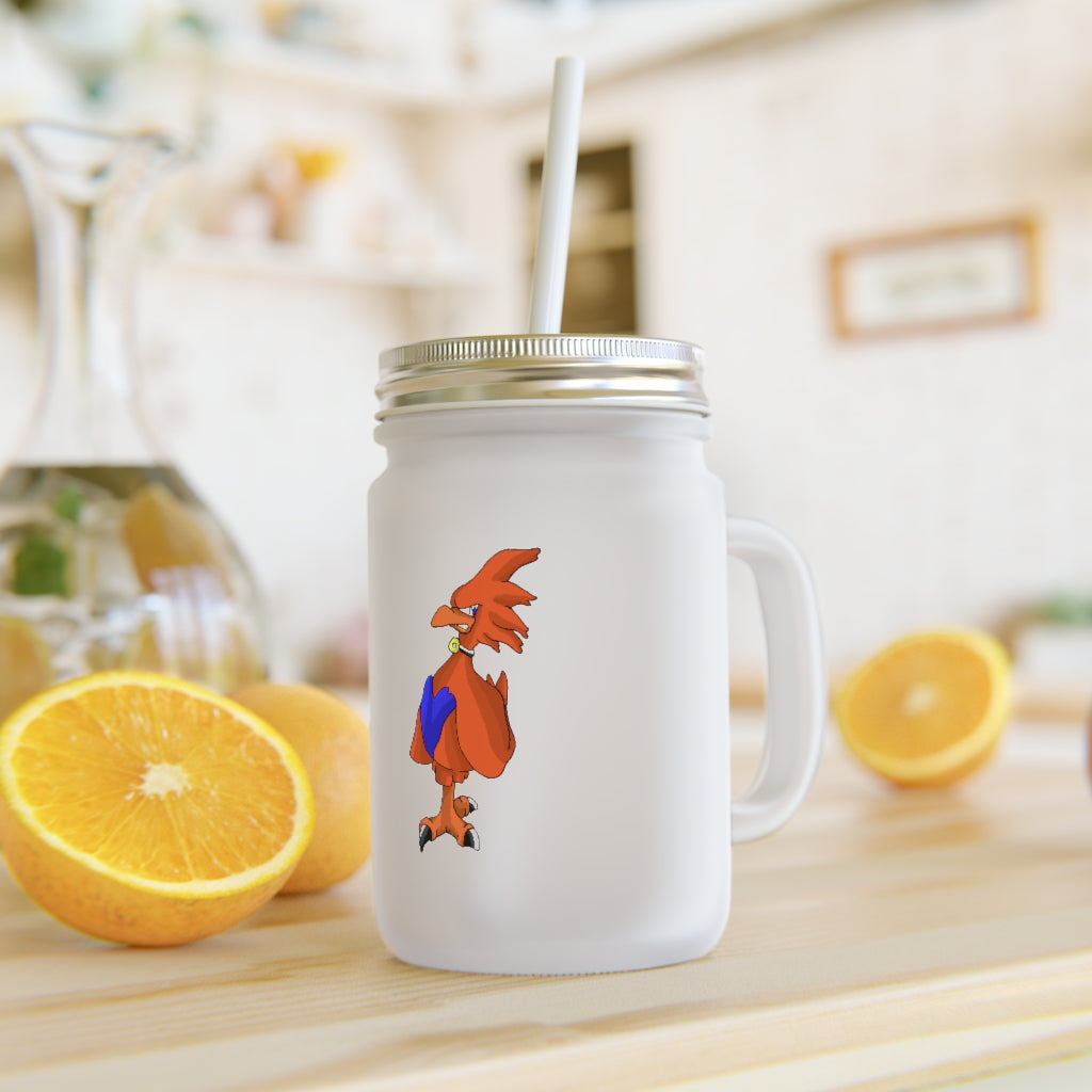 A personalized Faulkner Mason Jar made of frosted glass, featuring a straw and lid, ideal for drinks like lemonade and cocktails.