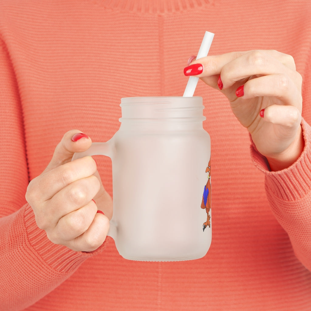 A personalized Faulkner Mason Jar made of frosted glass, featuring a straw and lid, ideal for drinks like lemonade and cocktails.