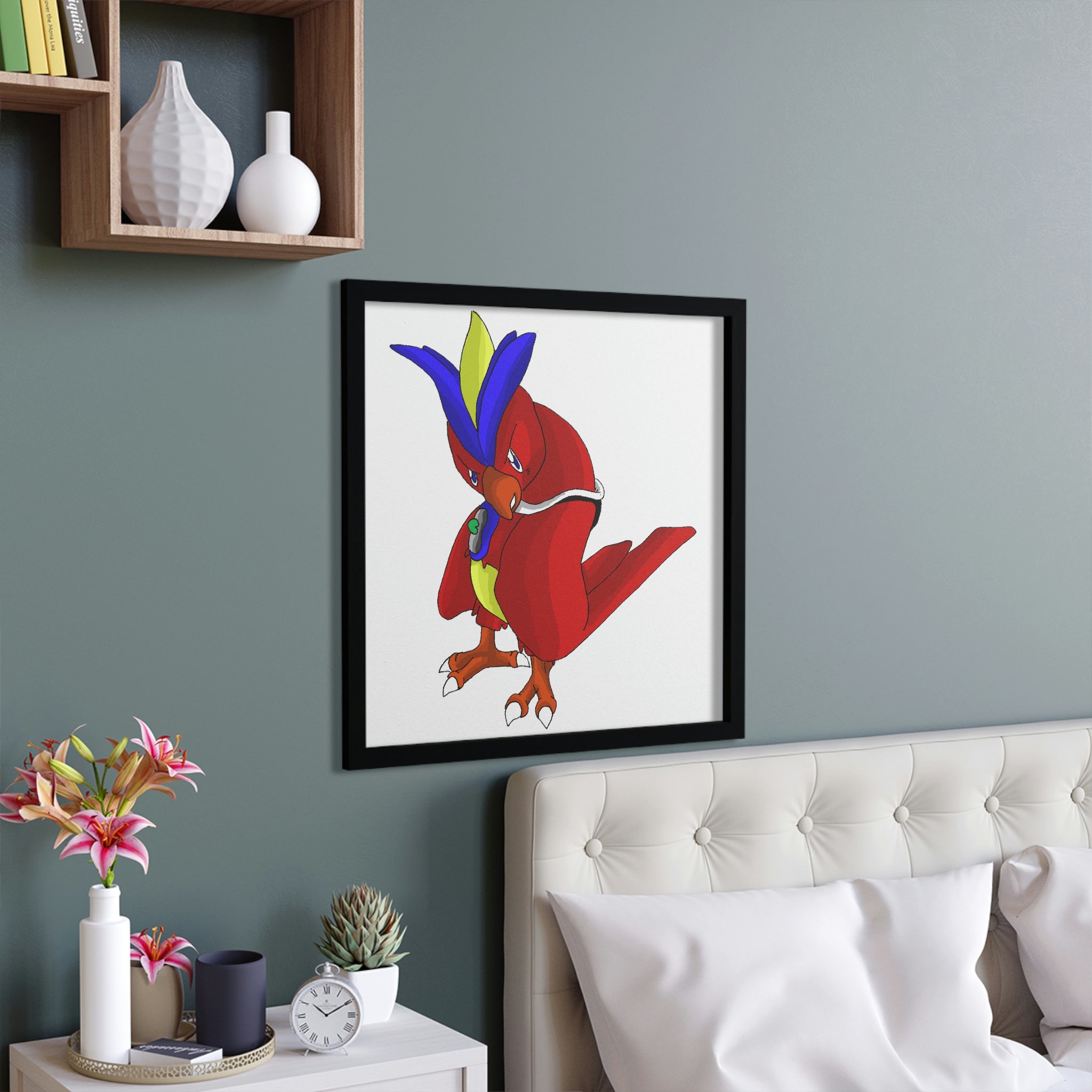 Faulkoneir Framed Poster showcasing a vibrant design in a hand-crafted wooden frame, perfect for home decor.