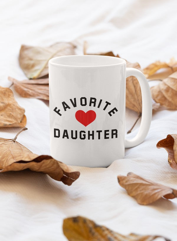 A stylish 11oz ceramic mug with a glossy finish, featuring the text 'Favorite Daughter' and a sturdy handle, perfect for coffee or tea.