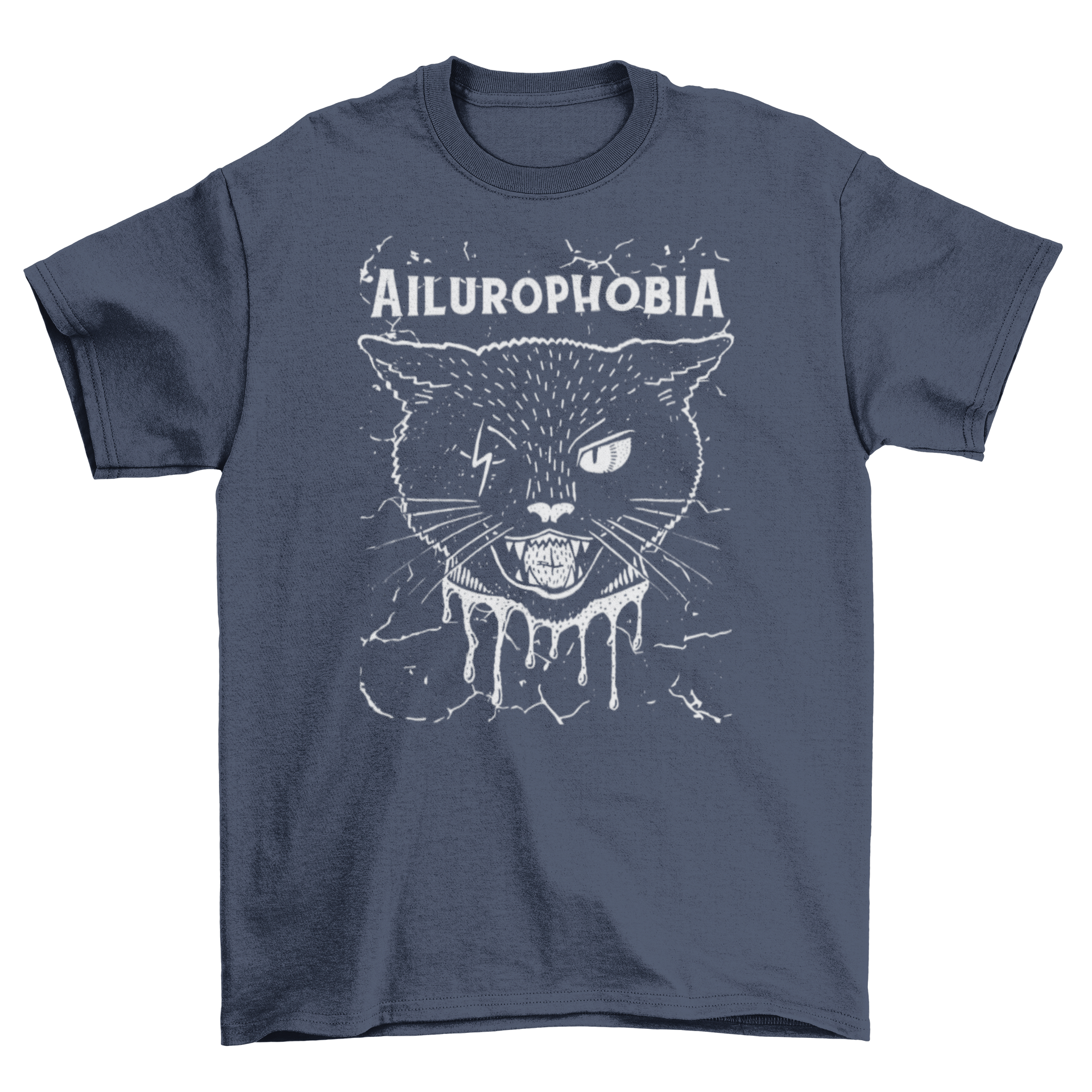 Fear of Cats t-shirt featuring a cat graphic and the word Ailurophobia, perfect for cat lovers.