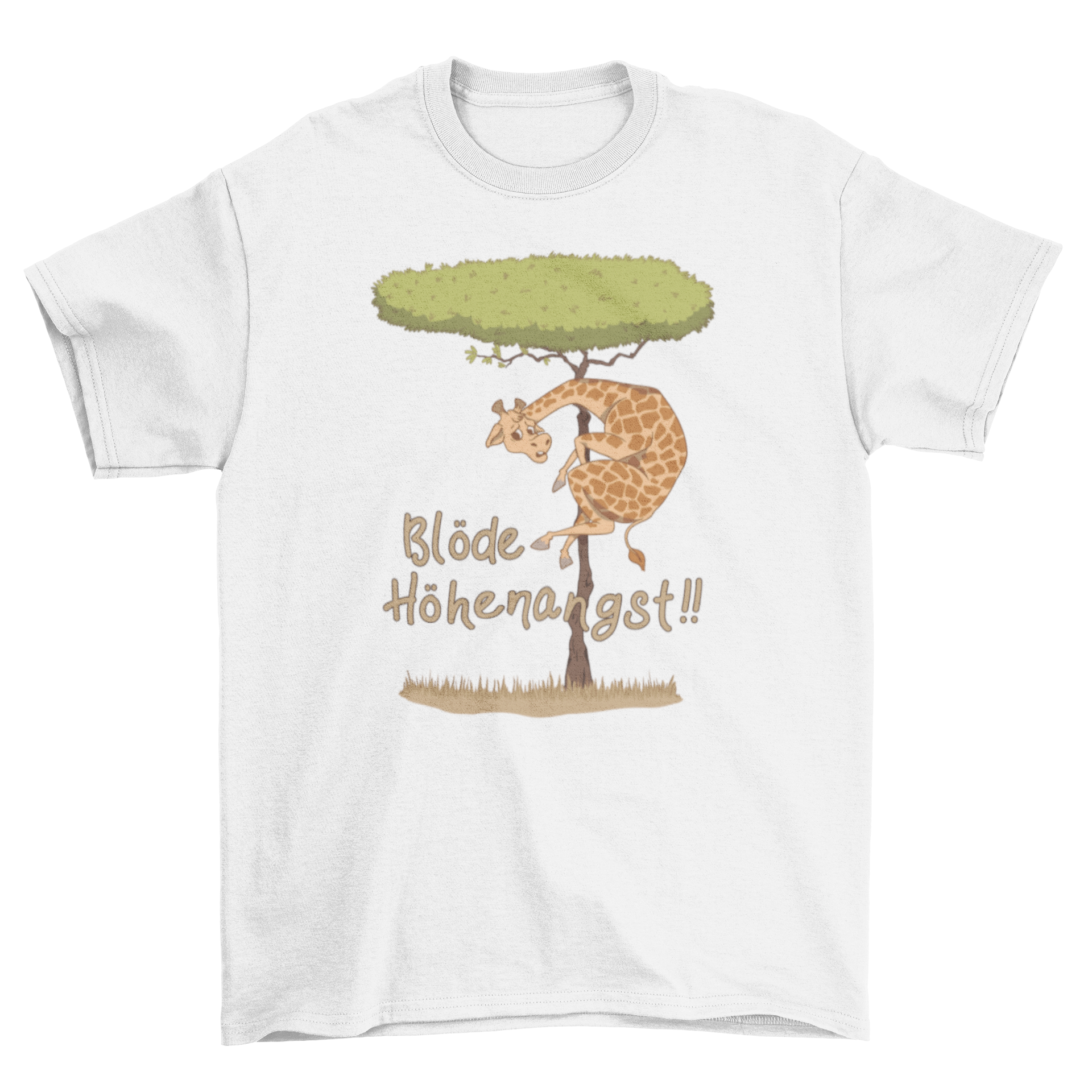 A humorous t-shirt featuring a giraffe on a tree with the quote 'Blöde höhenangst' in German, representing fear of heights.