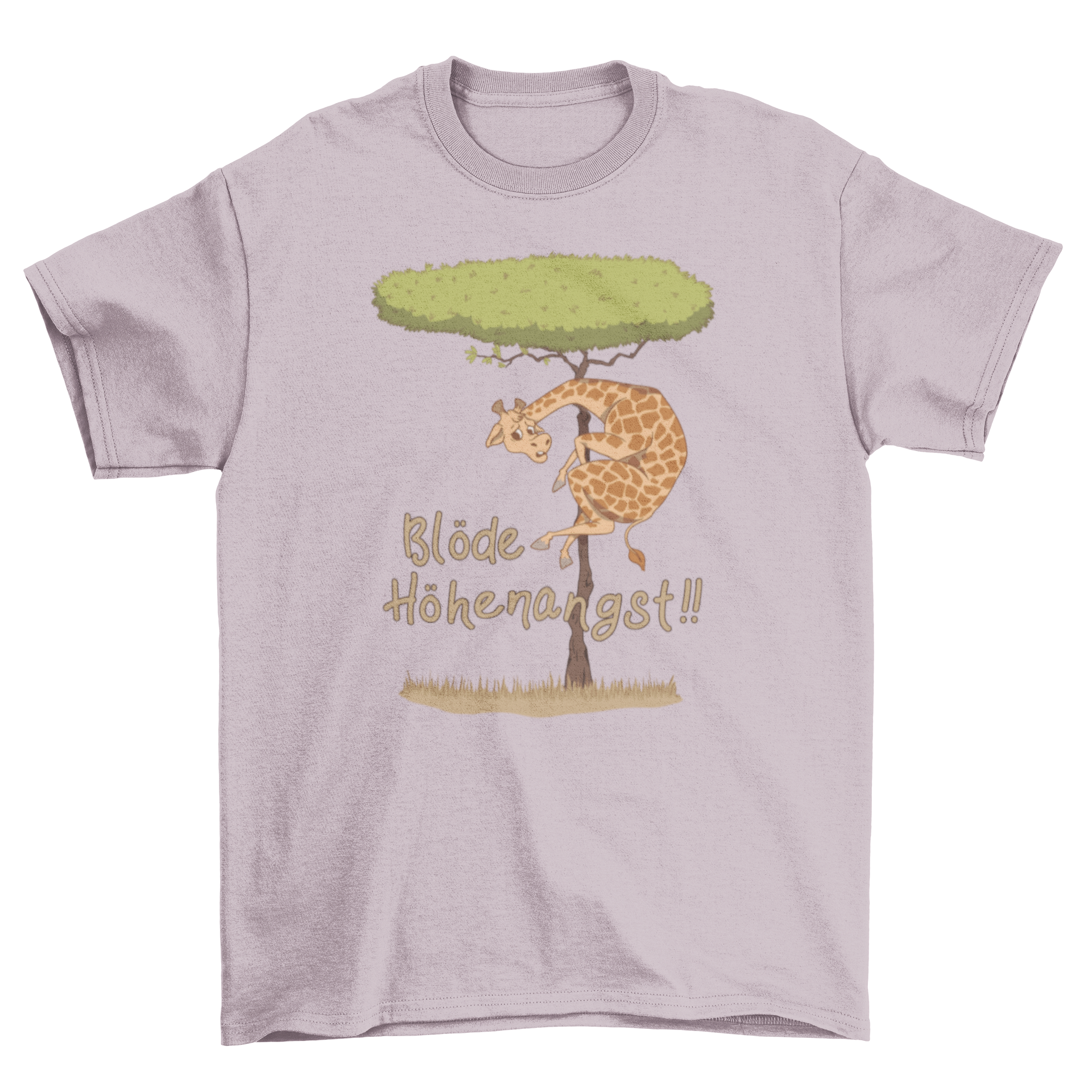 A humorous t-shirt featuring a giraffe on a tree with the quote 'Blöde höhenangst' in German, representing fear of heights.