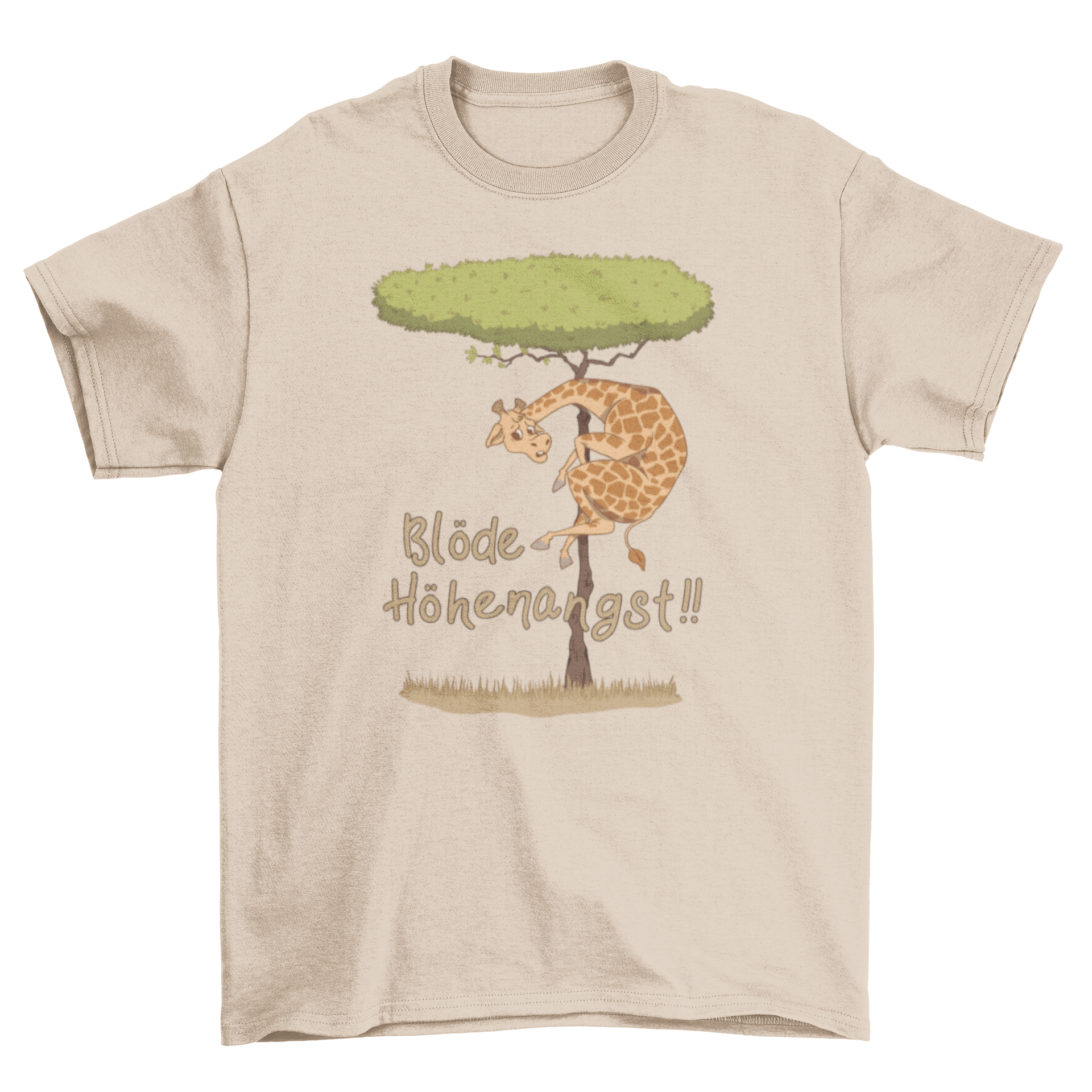 A humorous t-shirt featuring a giraffe on a tree with the quote 'Blöde höhenangst' in German, representing fear of heights.