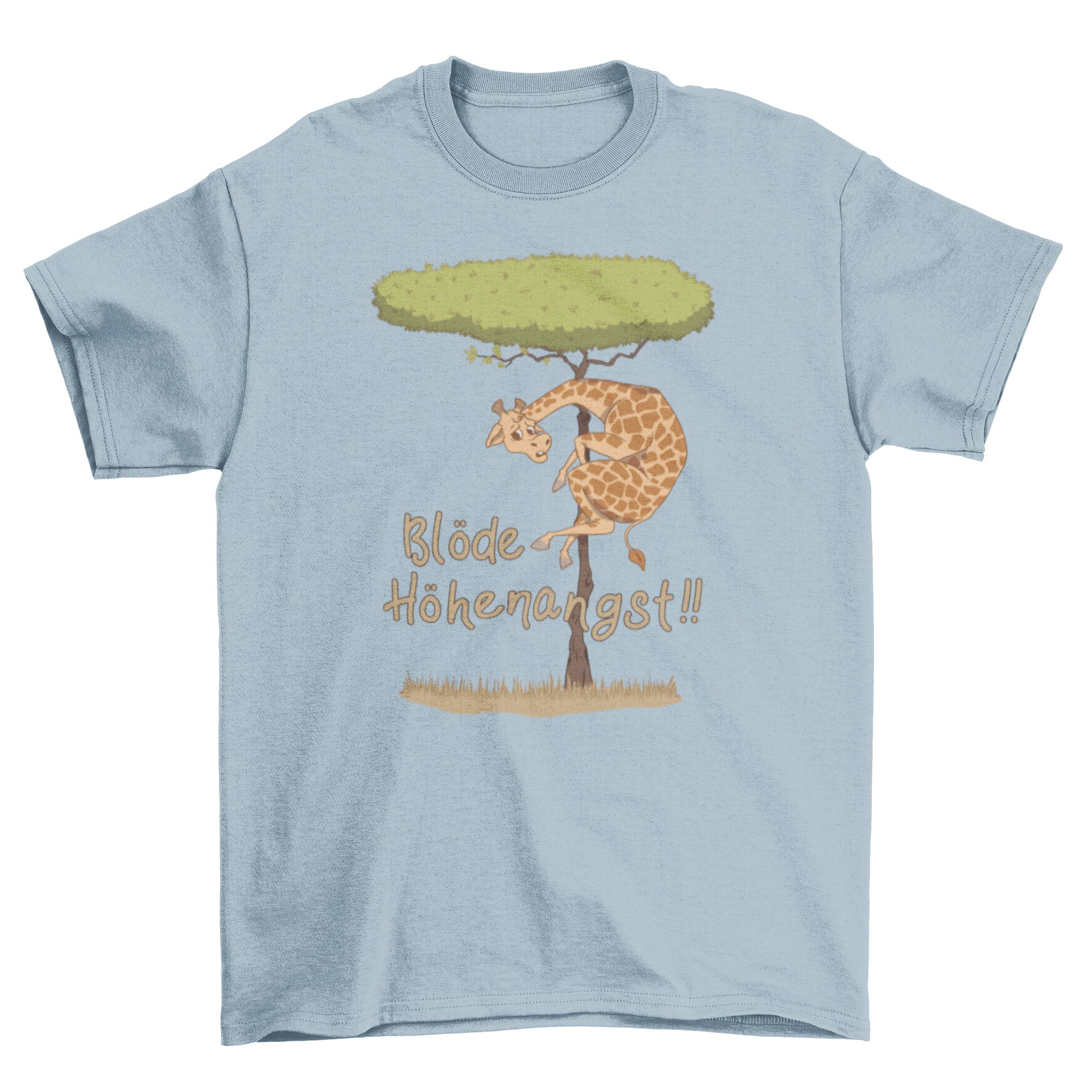 A humorous t-shirt featuring a giraffe on a tree with the quote 'Blöde höhenangst' in German, representing fear of heights.