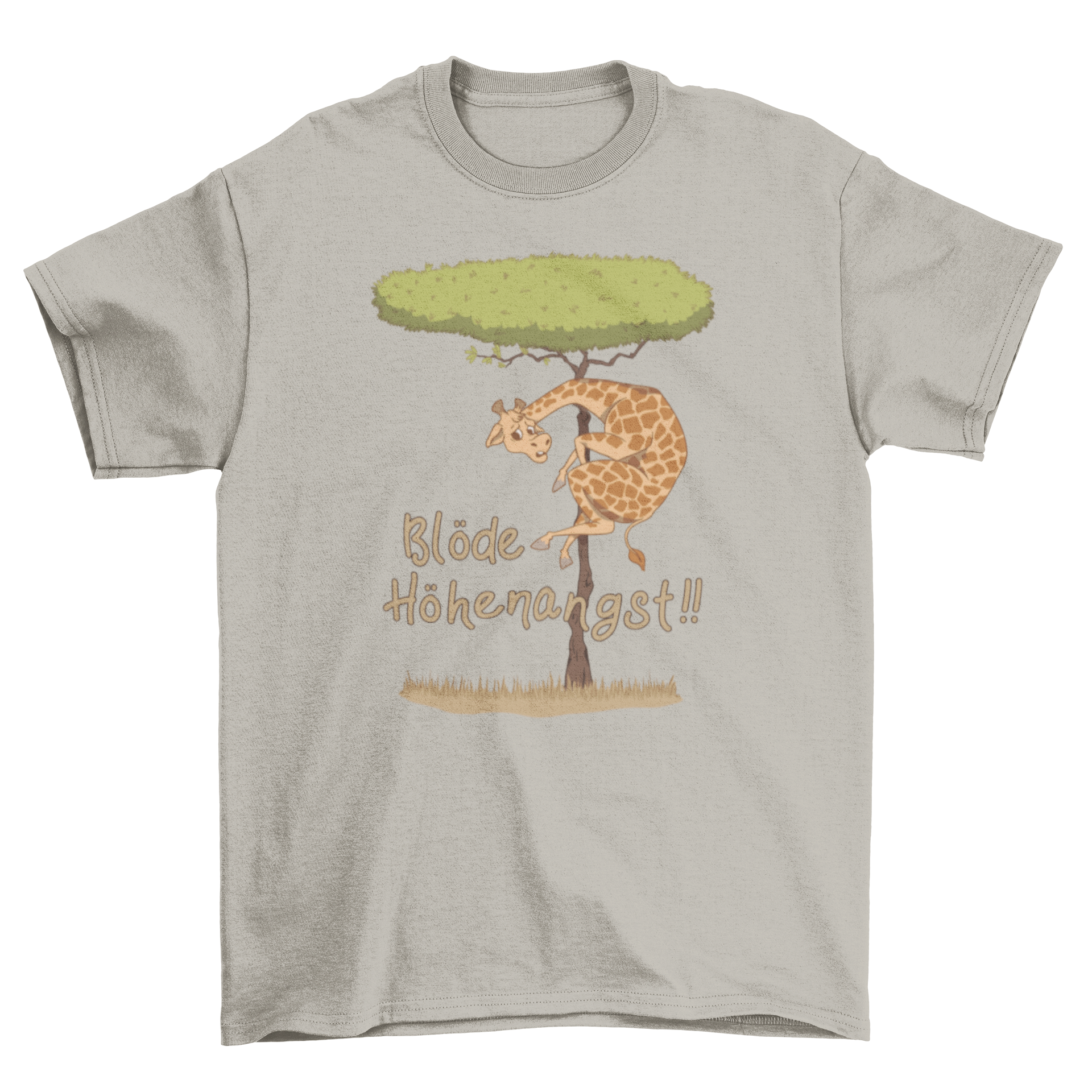 A humorous t-shirt featuring a giraffe on a tree with the quote 'Blöde höhenangst' in German, representing fear of heights.