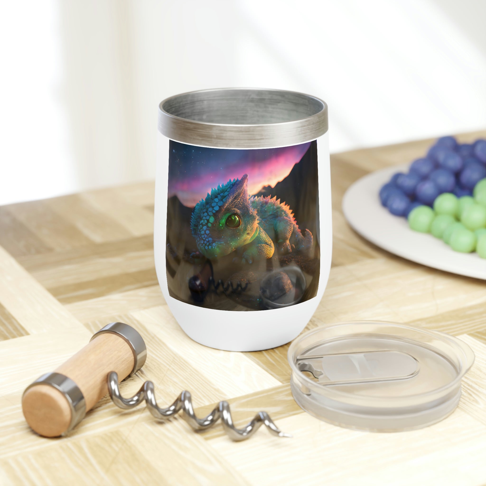 Feathered Dragon Chill Wine Tumbler showcasing its elegant design and stainless steel finish.