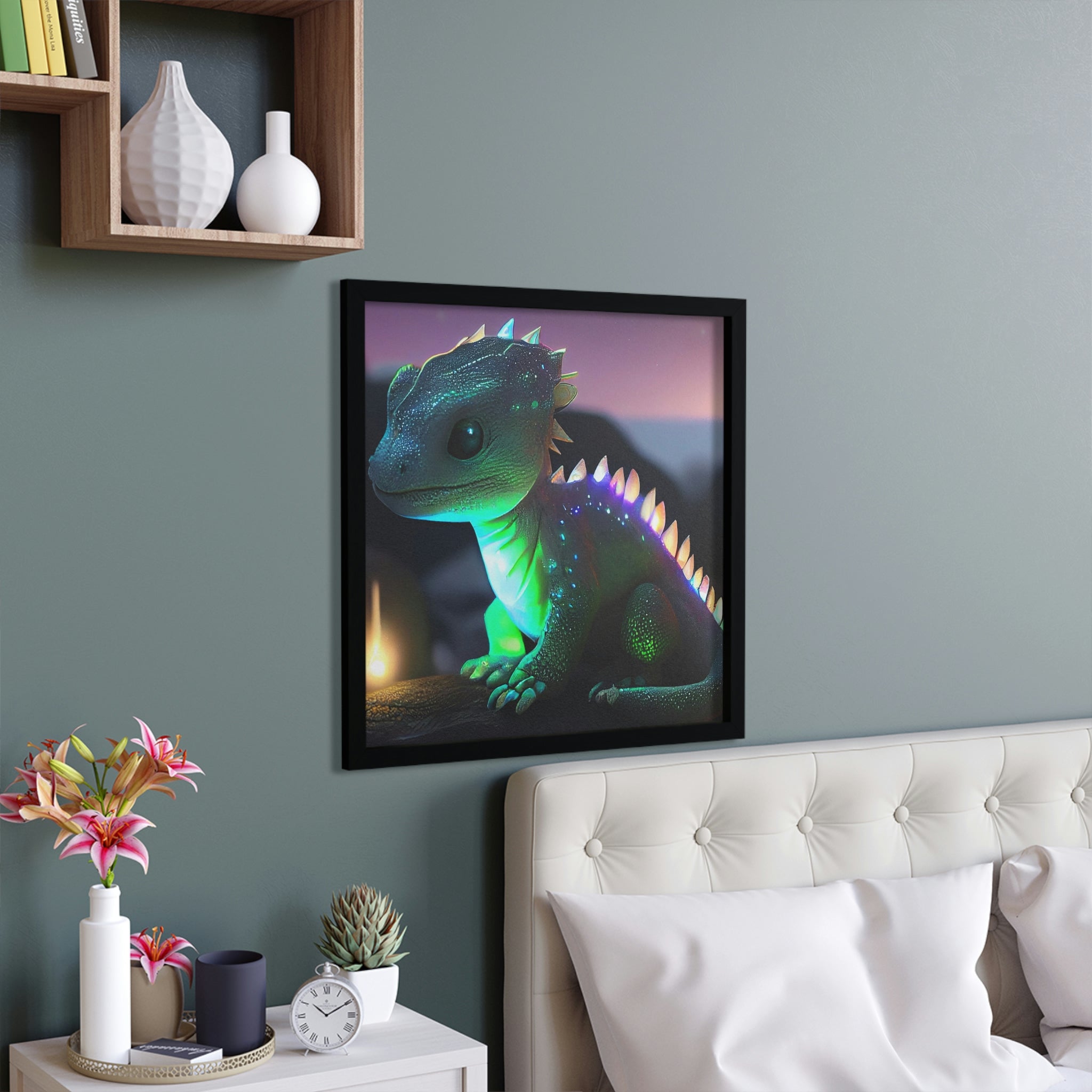 Feathered Dragon Framed Poster with a hand-crafted wooden frame, showcasing vibrant colors and intricate design.