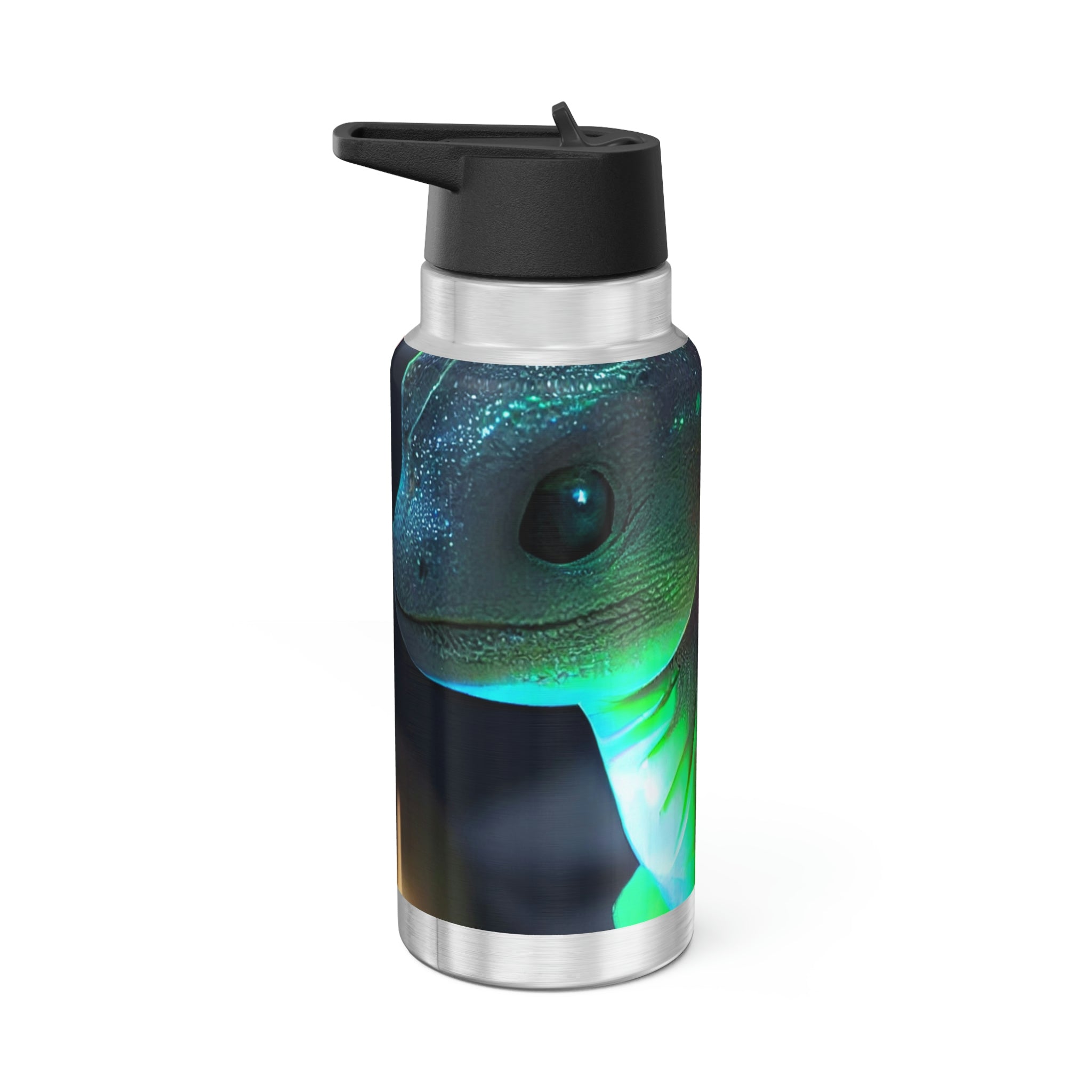 Feathered Dragon Gator Tumbler in stainless steel with a black screw-on cap and plastic straw, showcasing a vibrant custom design.