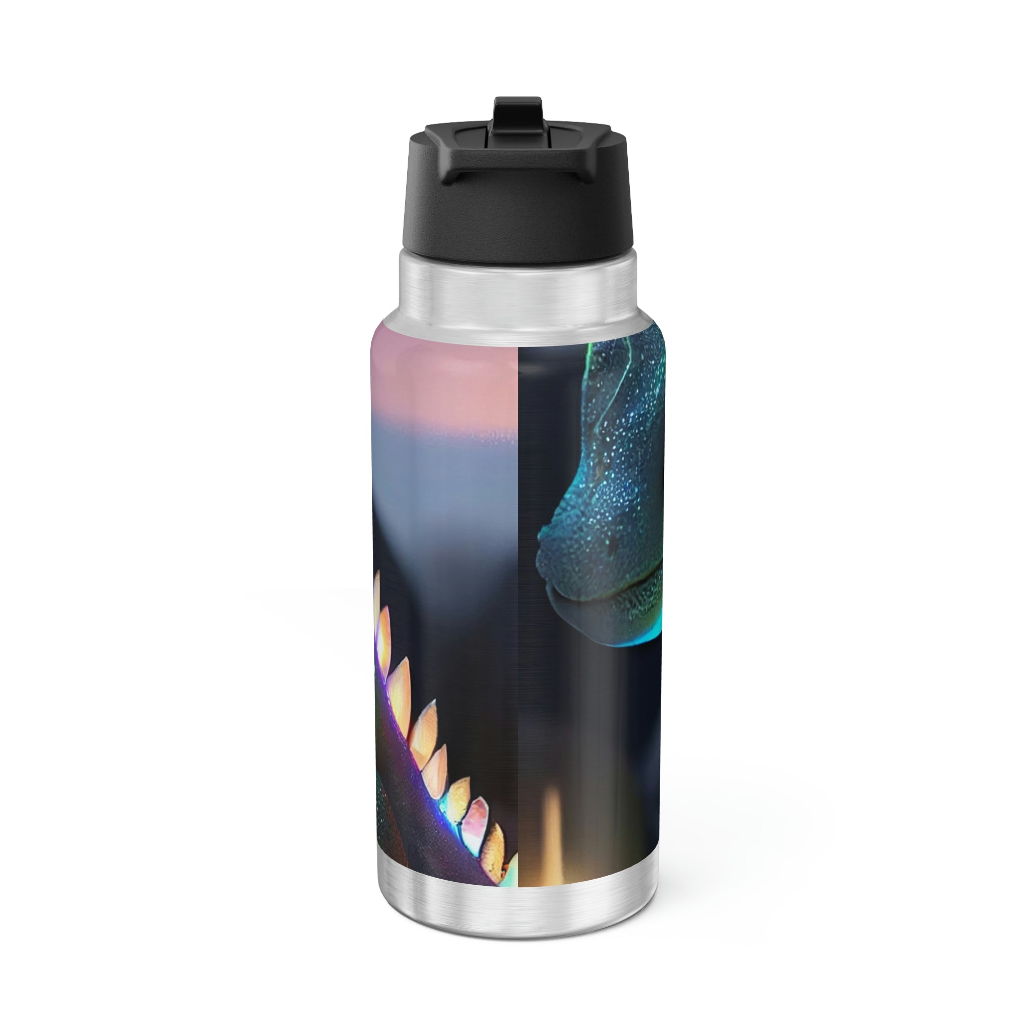 Feathered Dragon Gator Tumbler in stainless steel with a black screw-on cap and plastic straw, showcasing a vibrant custom design.