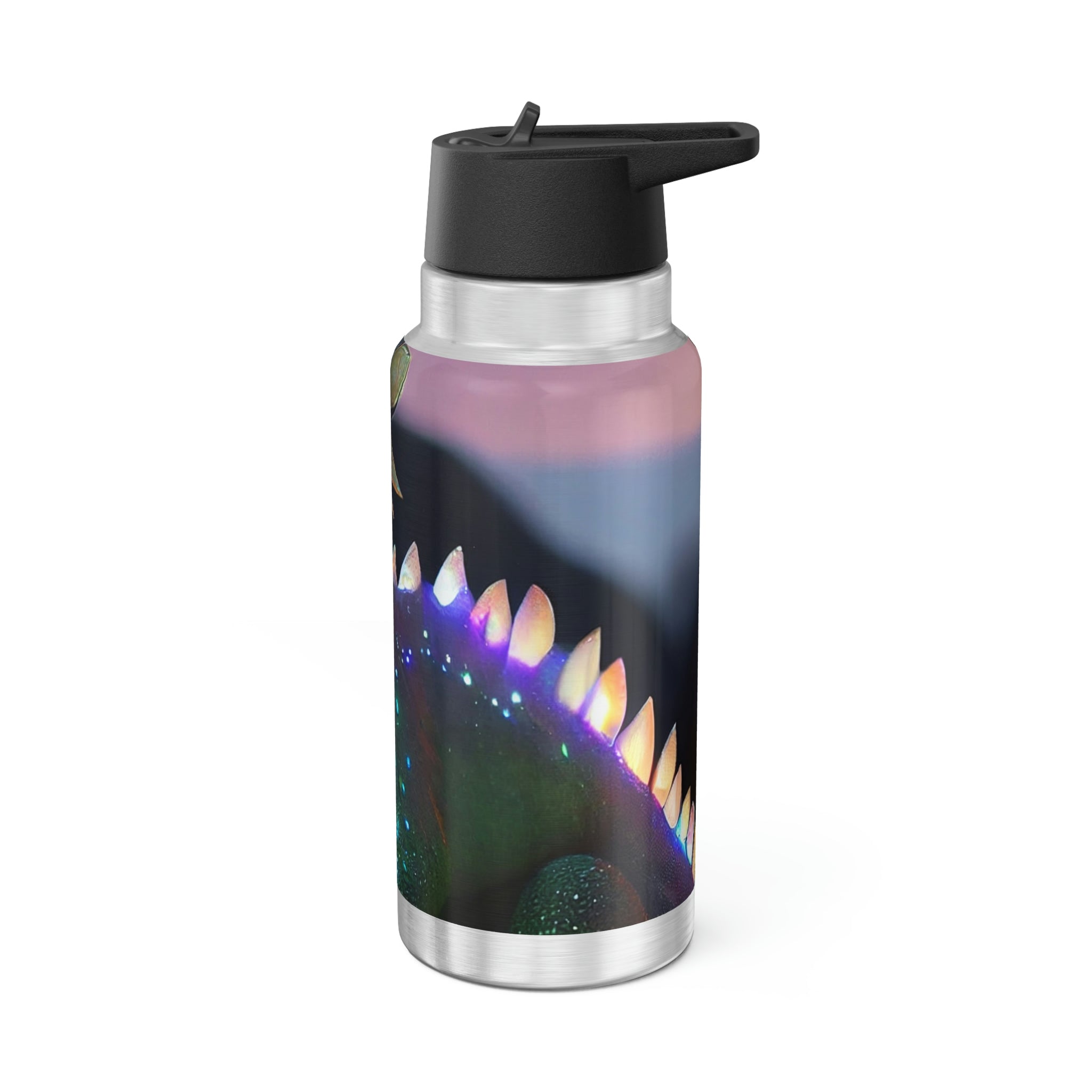 Feathered Dragon Gator Tumbler in stainless steel with a black screw-on cap and plastic straw, showcasing a vibrant custom design.